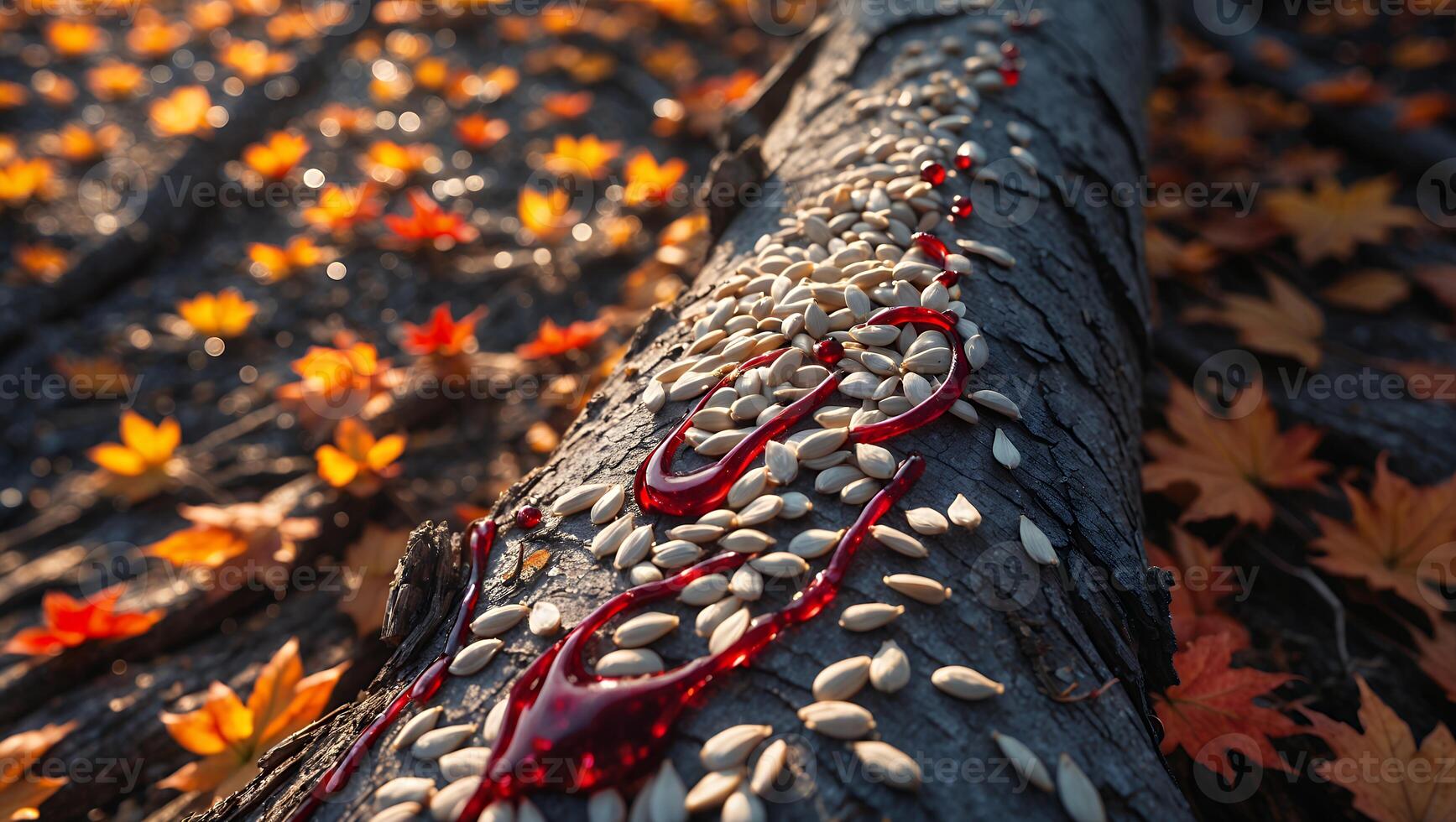 Scattered Seeds and Red Gel on a Fallen Tree Trunk Autumn photo