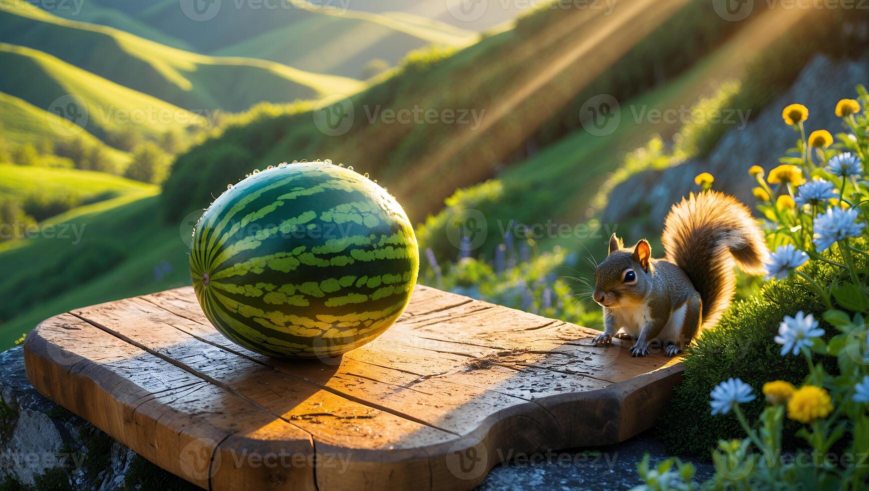 Watermelon and Squirrel on Wooden Board in Sunny Rolling Hills photo