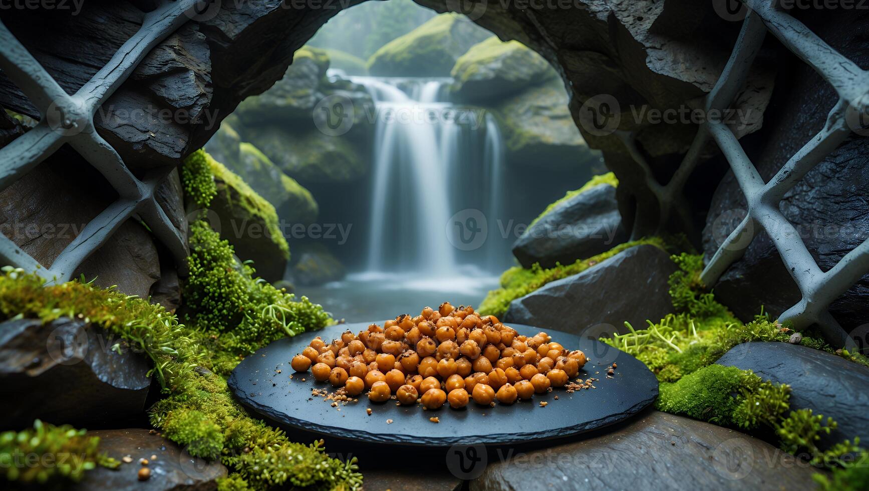 Pile of Round Snacks by Tranquil Waterfall in Mossy Grotto photo