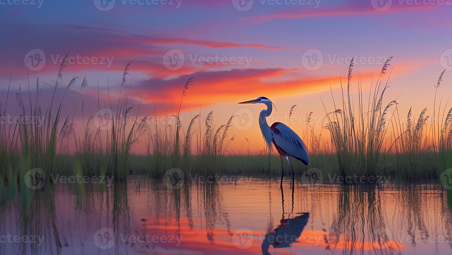 Heron Standing in Water at Sunset with Grass and Sky photo