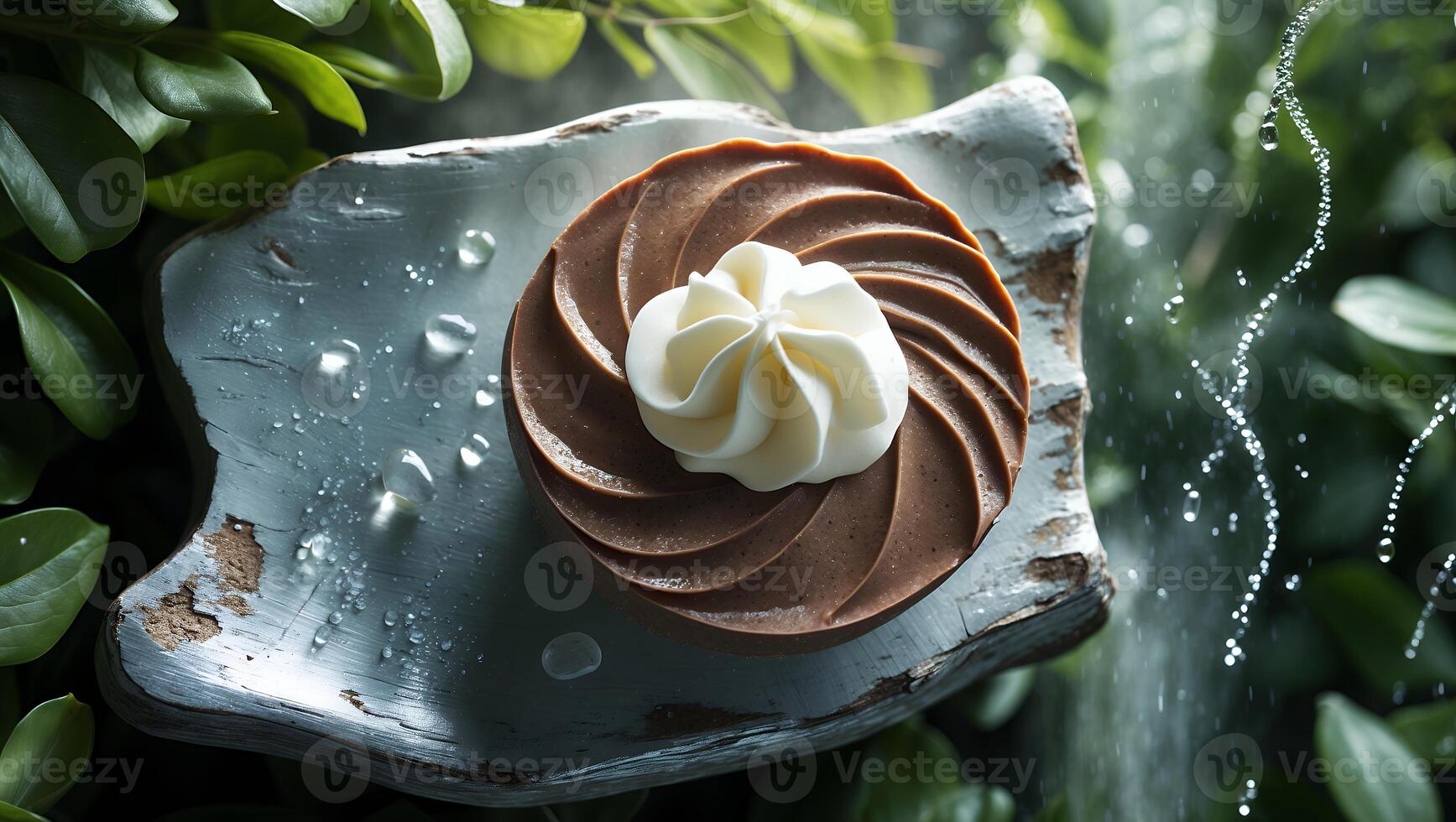 Delicious Chocolate Dessert with Whipped Cream on Rustic Wooden Plate photo