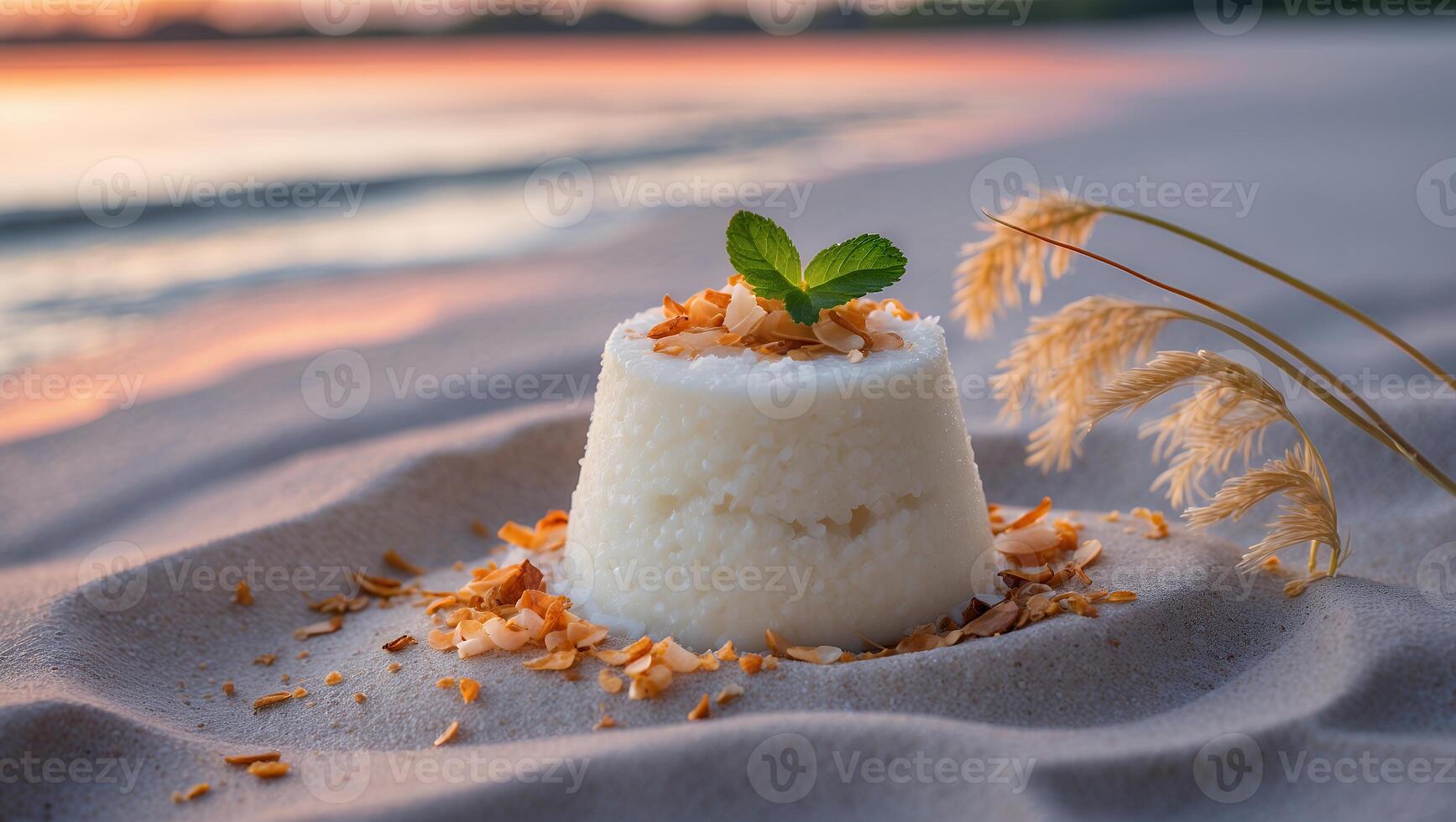 Coconut Dessert on Sandy Beach at Sunset with Mint and Grass photo