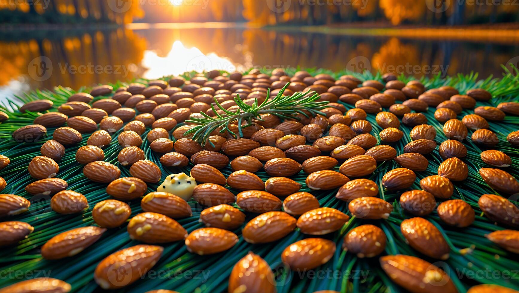 Almond Seeds and Rosemary on Green Background with Sunset Reflection photo
