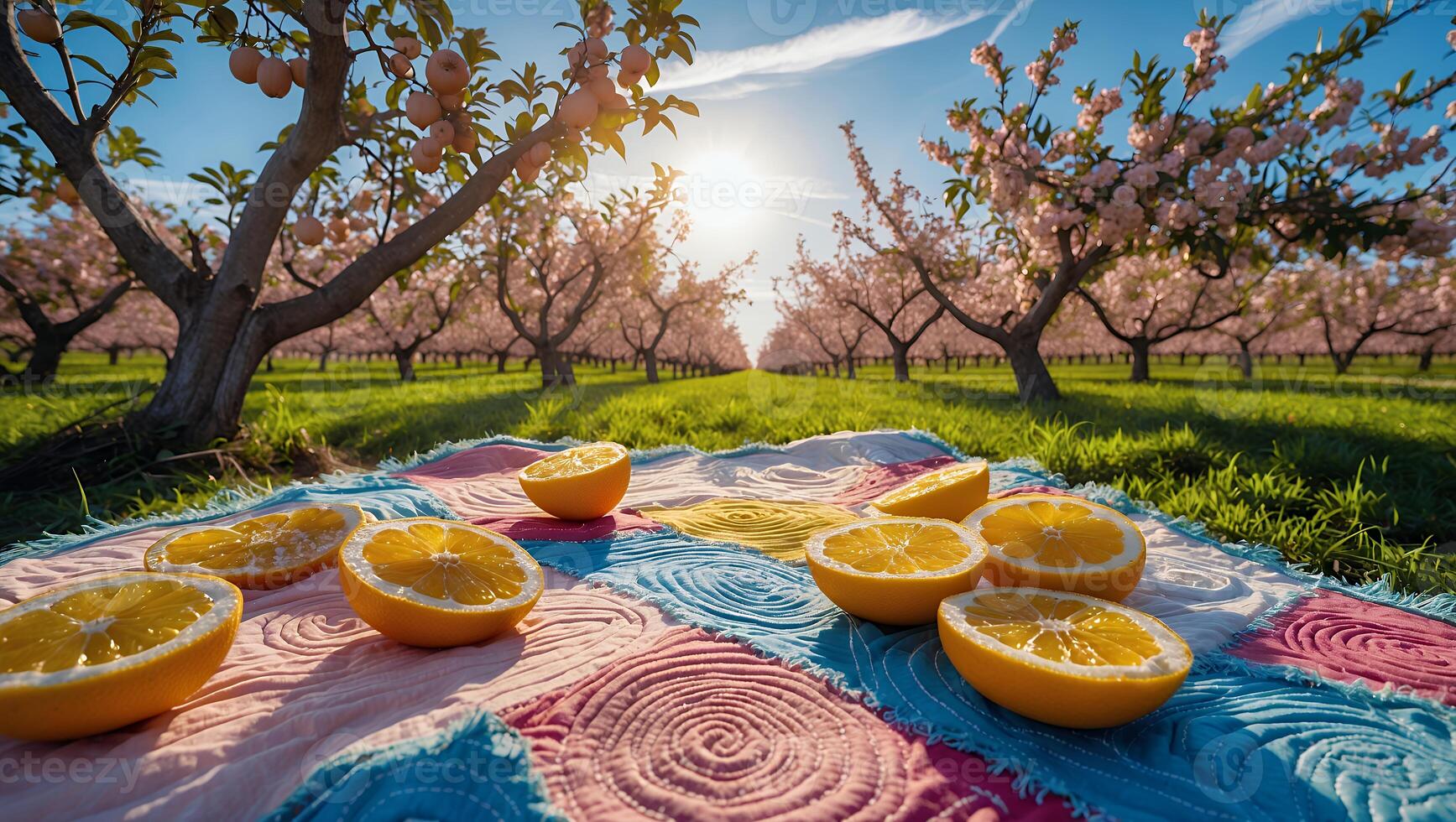 Enjoying Fresh Sliced Oranges on Quilt in Orchard During Spring Day photo