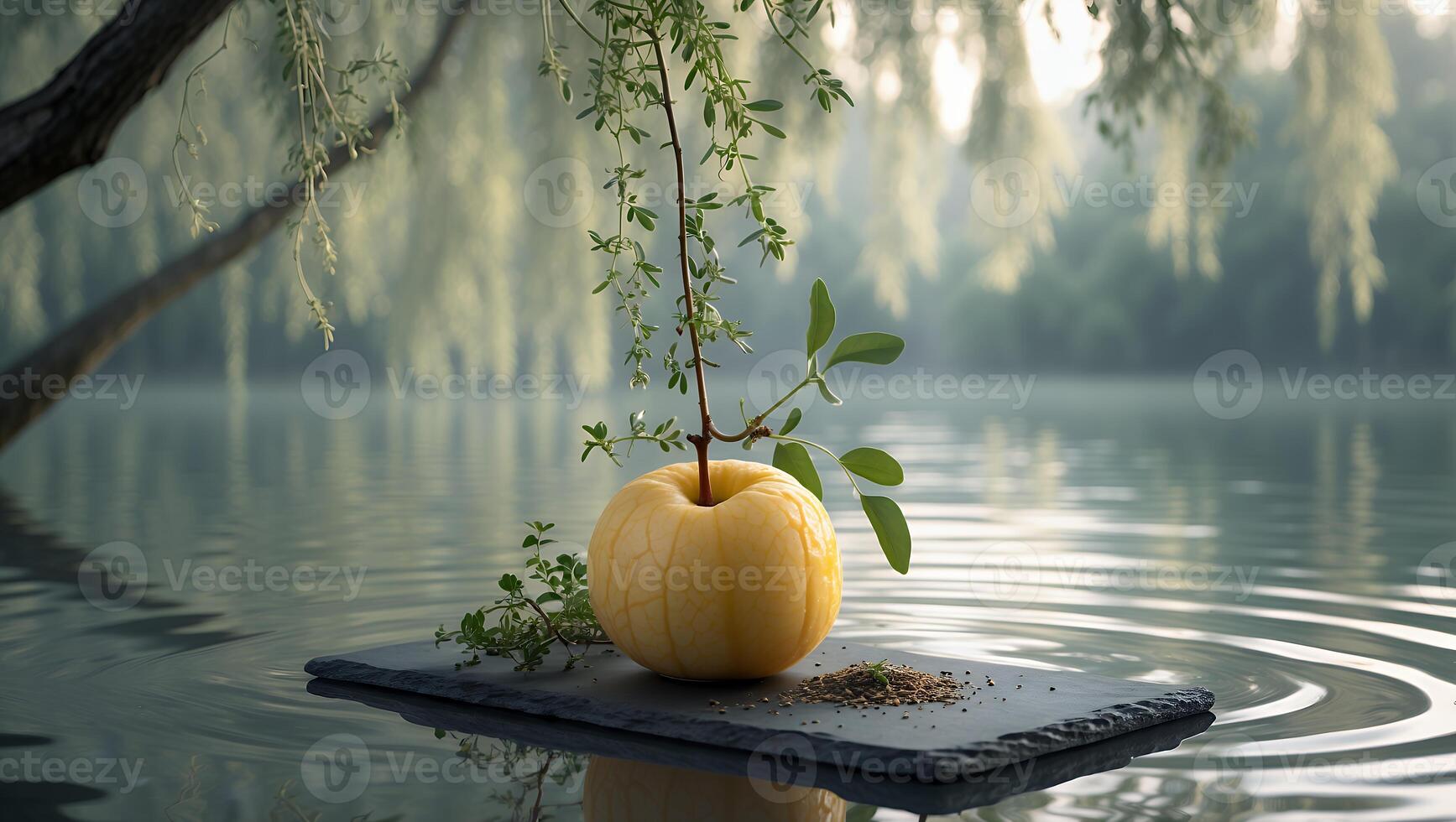 Apple with Sprout on Slate in Calm Lake Morning Scene photo