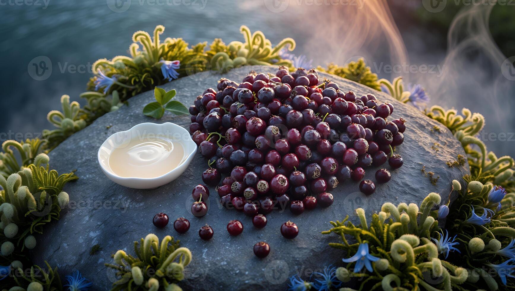 Serving Chokeberries with Sauce on a Stone with Floral Decoration photo