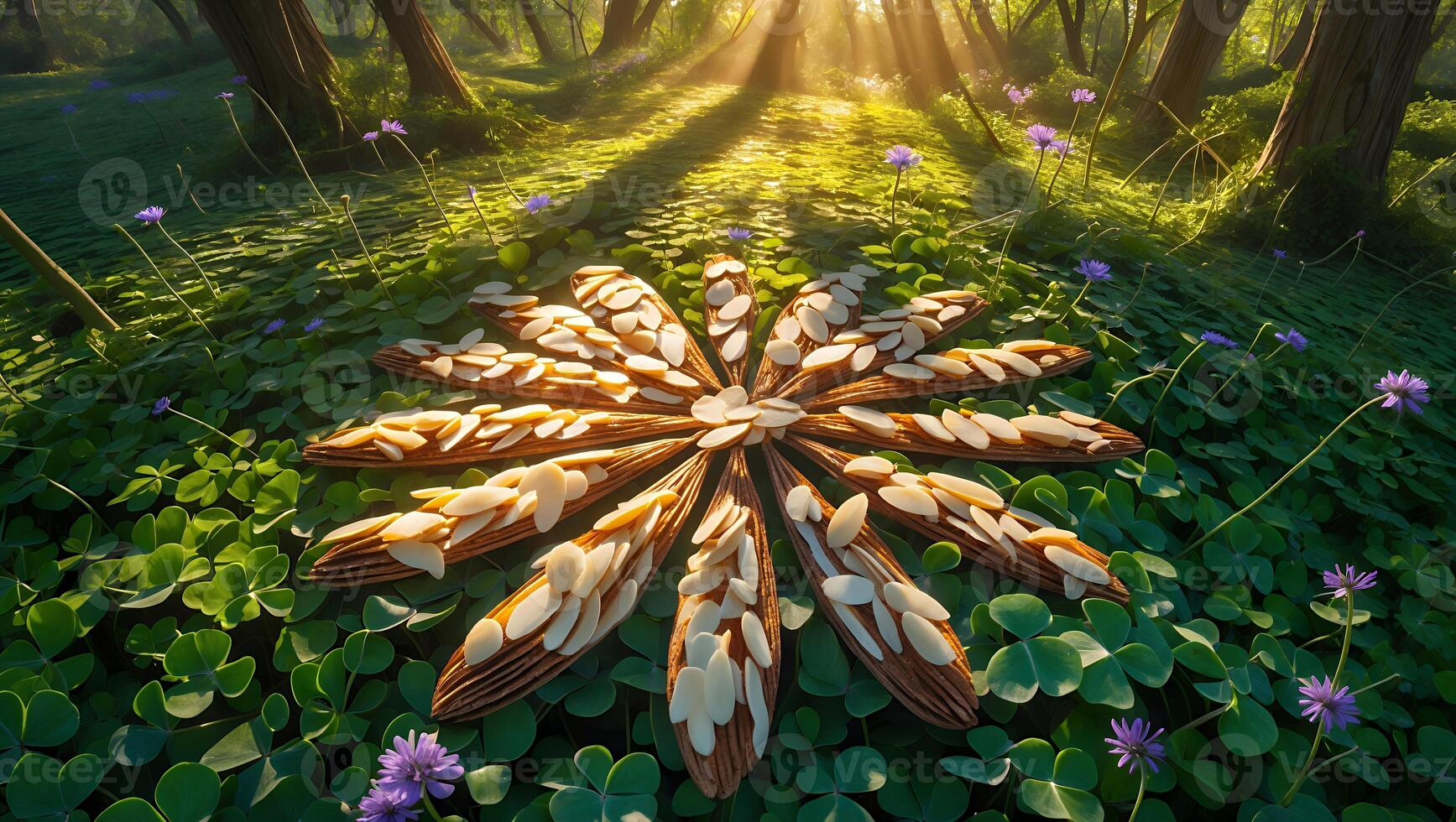 Almond Pattern Laying on Clover Field in Forest Sunlight photo