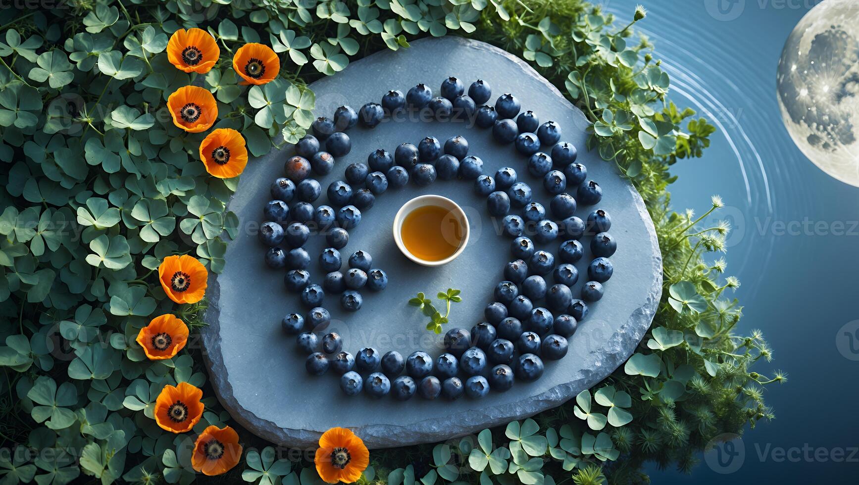 Arrangement of Blueberries, Honey and Flowers on Stone with Moon photo