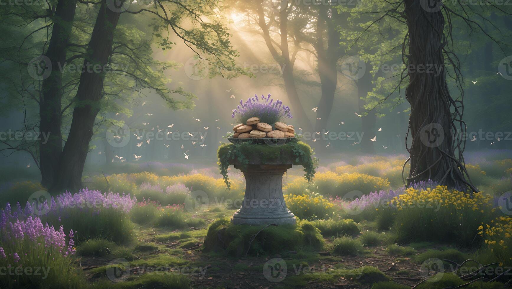 Lavender and Biscuits on Stone Pedestal in Forest with Sunlight photo