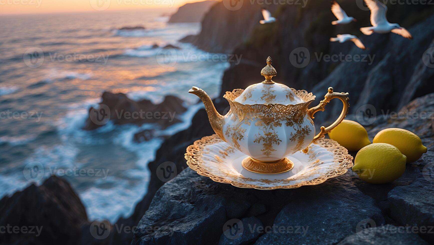 Elegant Teapot and Lemons Overlooking Dramatic Ocean Cliffs at Sunset photo