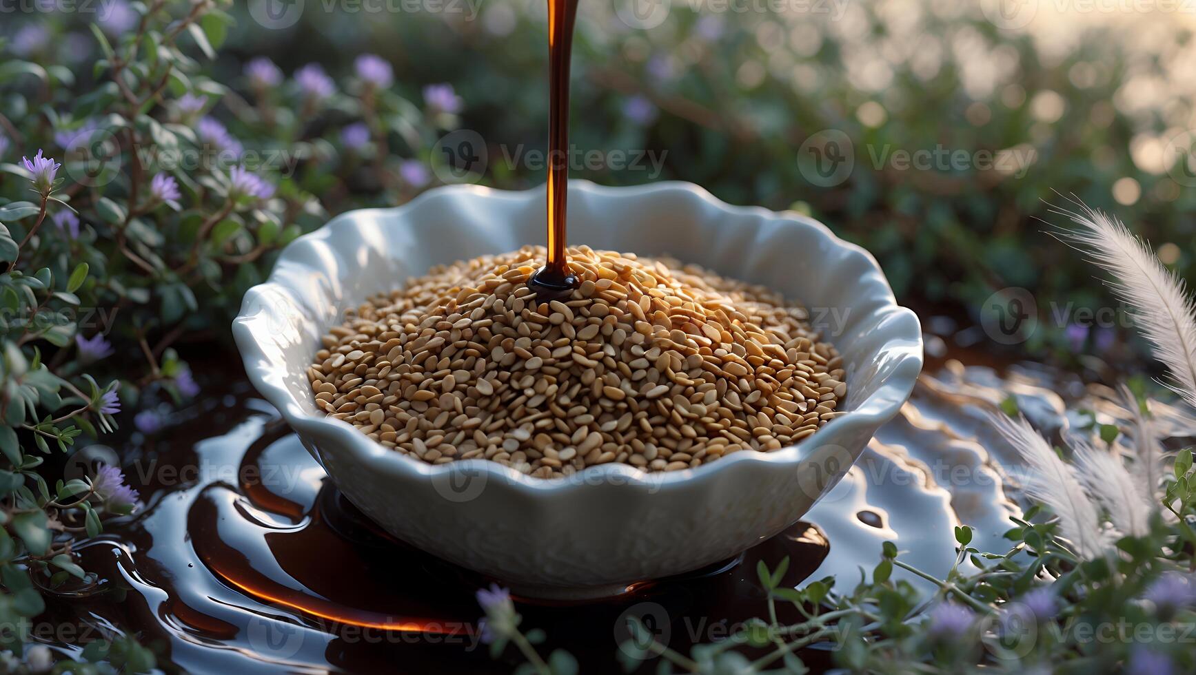 Syrup Pouring Over Seeds in Bowl Surrounded by Small Flowers photo