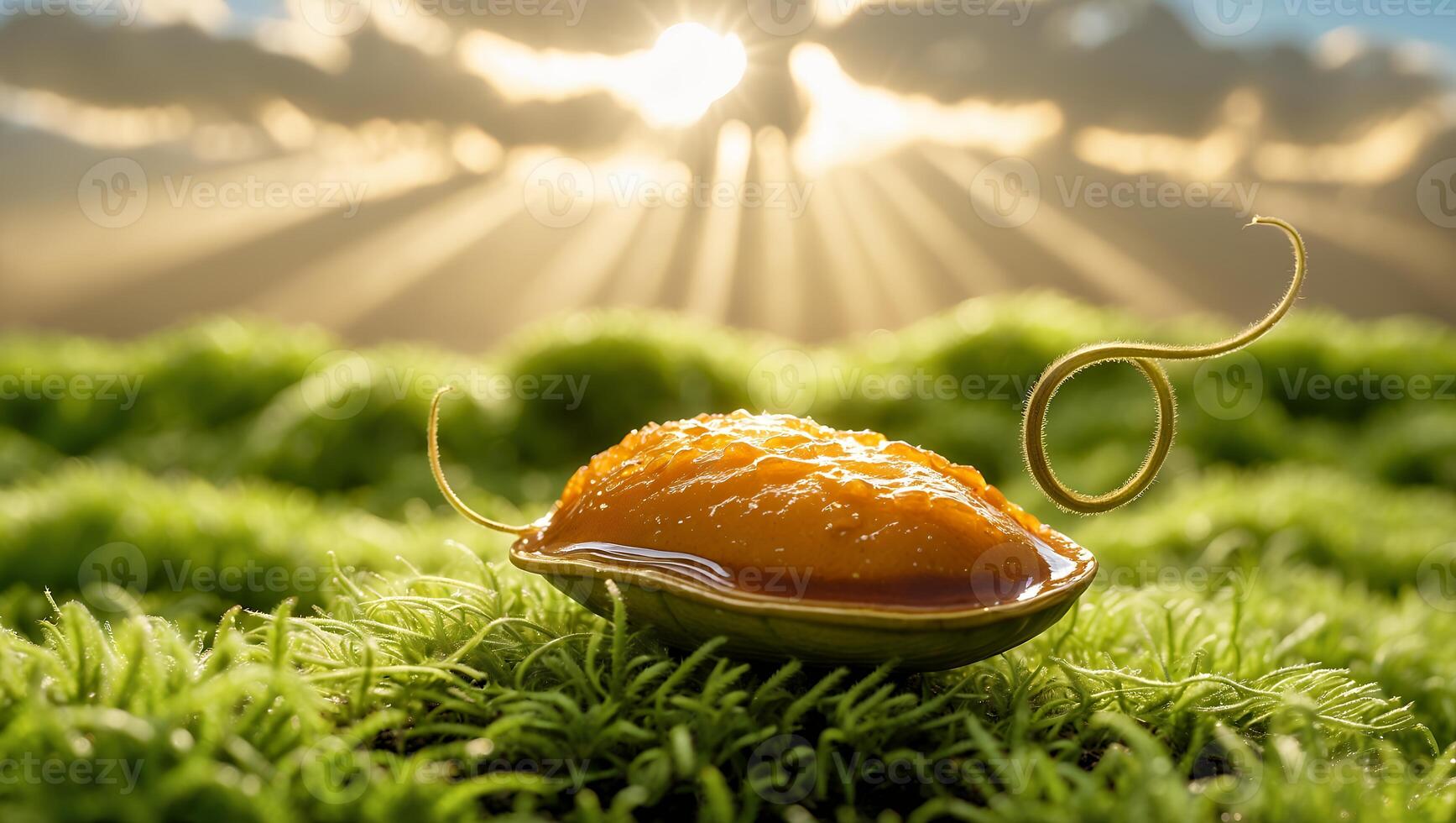 Orange Filling with Tendril Resting on Lush Green Moss in Sunlight photo
