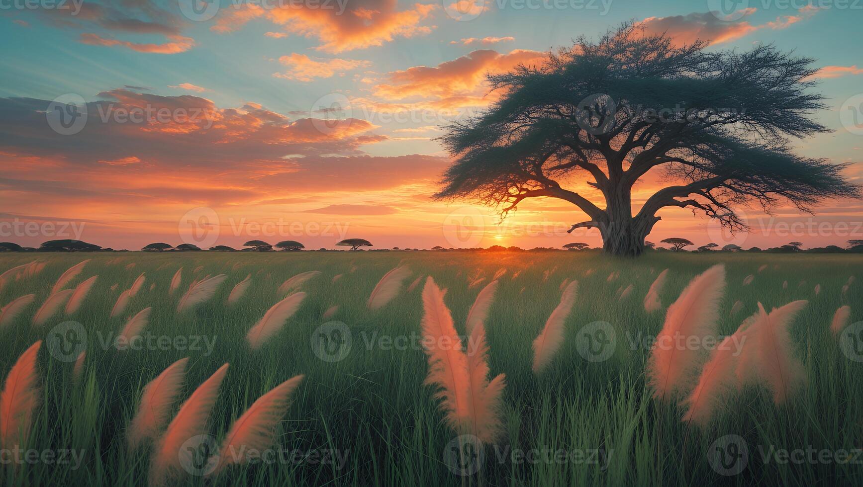 Tree Silhouette in a Field at Sunset with Colorful Sky photo
