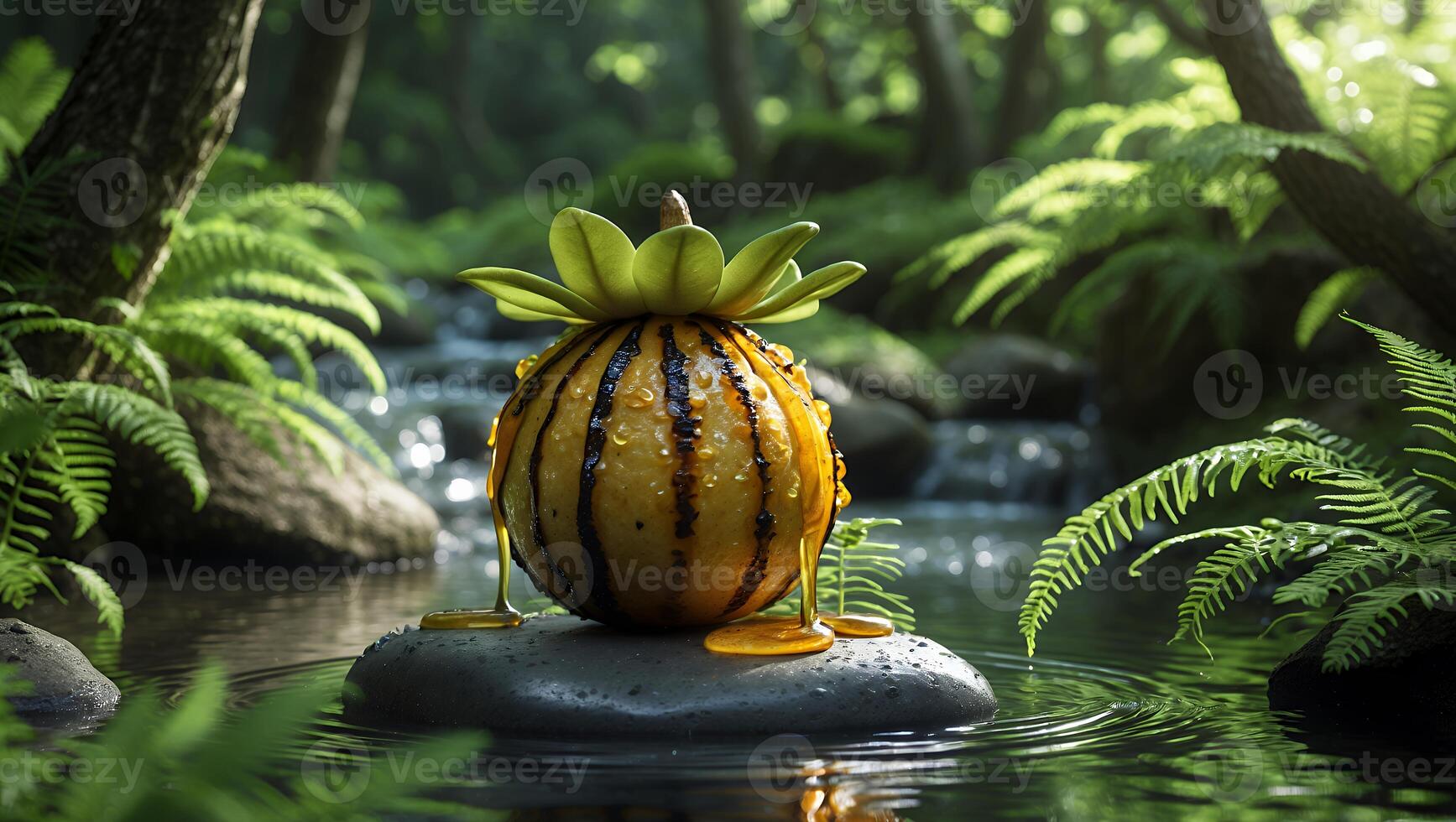 Melon with Leaf Crown Drips Liquid on Stone in Creek photo