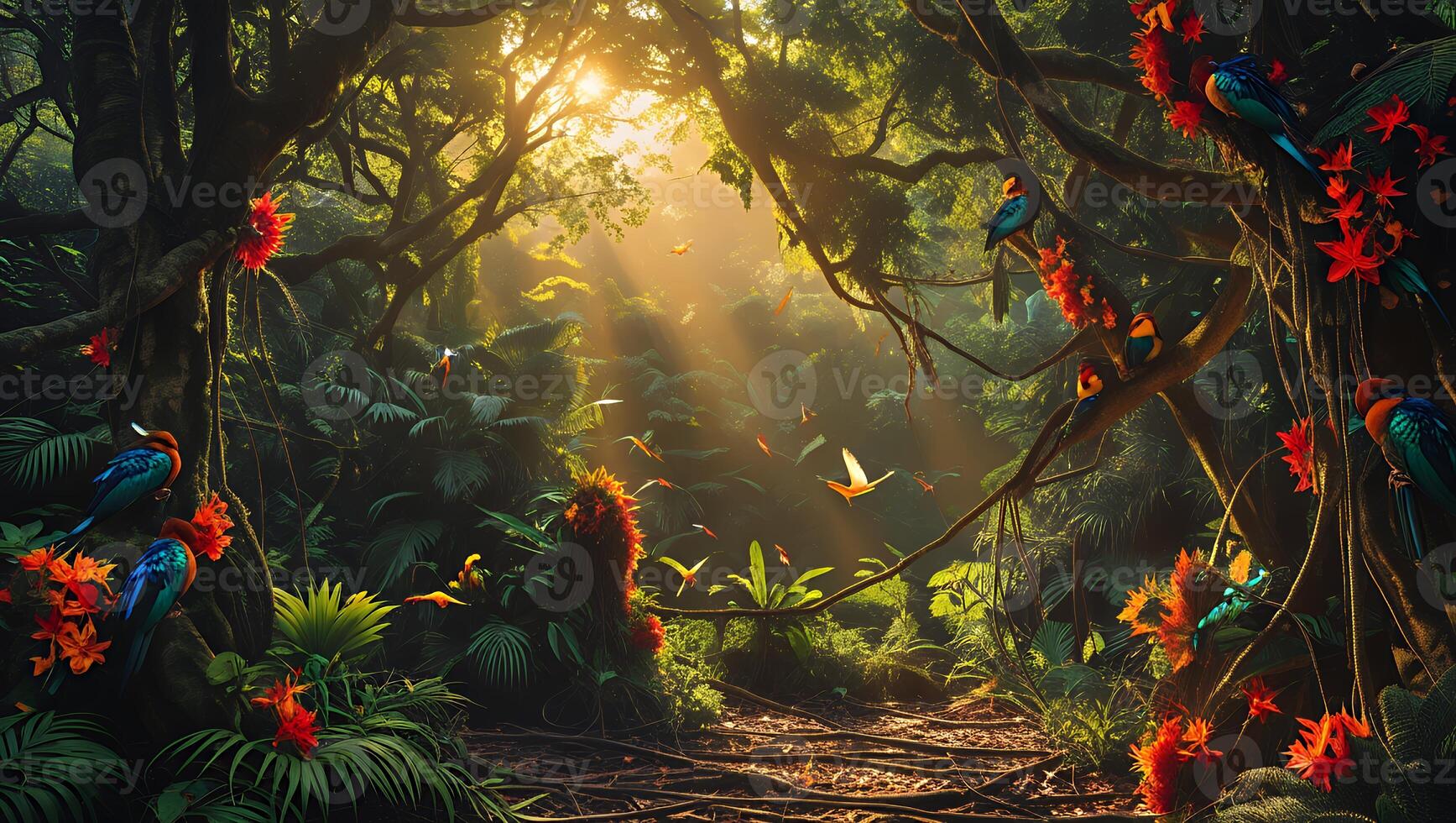 Walking Through a Lush Tropical Forest with Exotic Birds and Flowers photo