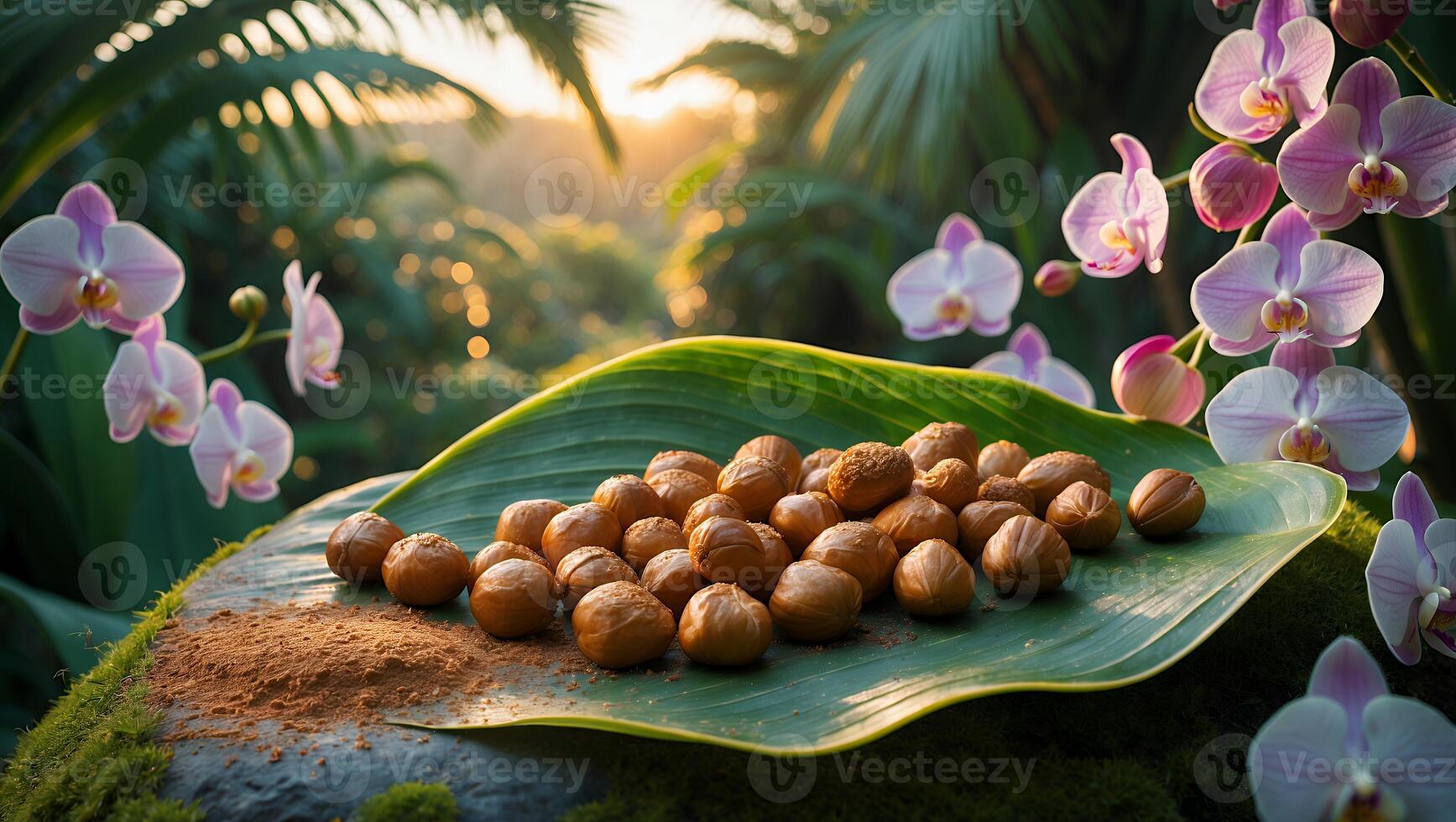 Macadamia Nuts on Leaf with Orchids in a Sunny Tropical Setting photo
