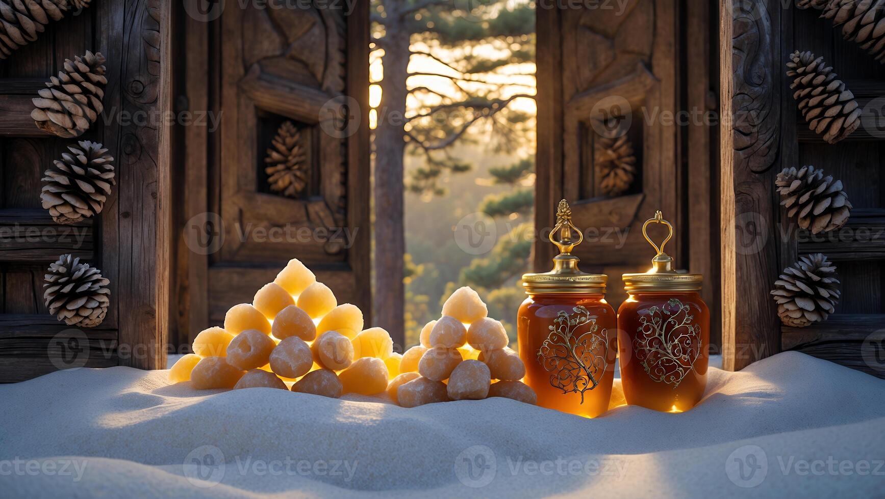 Honey Jars and Candies in a Winter Forest Scene with Doorway photo