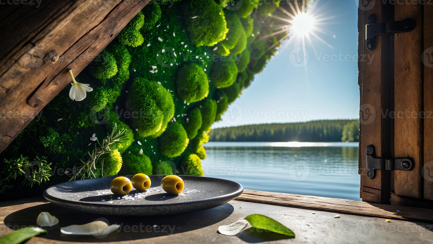 Still Life with Olives and Lake View From Wood Cabin Window photo
