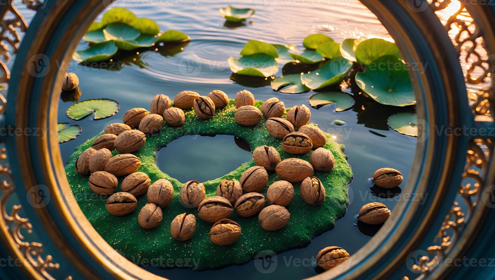 Walnuts Floating on Green Pad in Water Lilies Viewed Through Frame photo