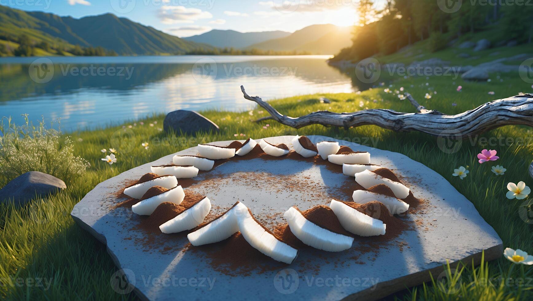 Coconut Slices Arranged on Stone Slab Near a Lake at Sunset photo