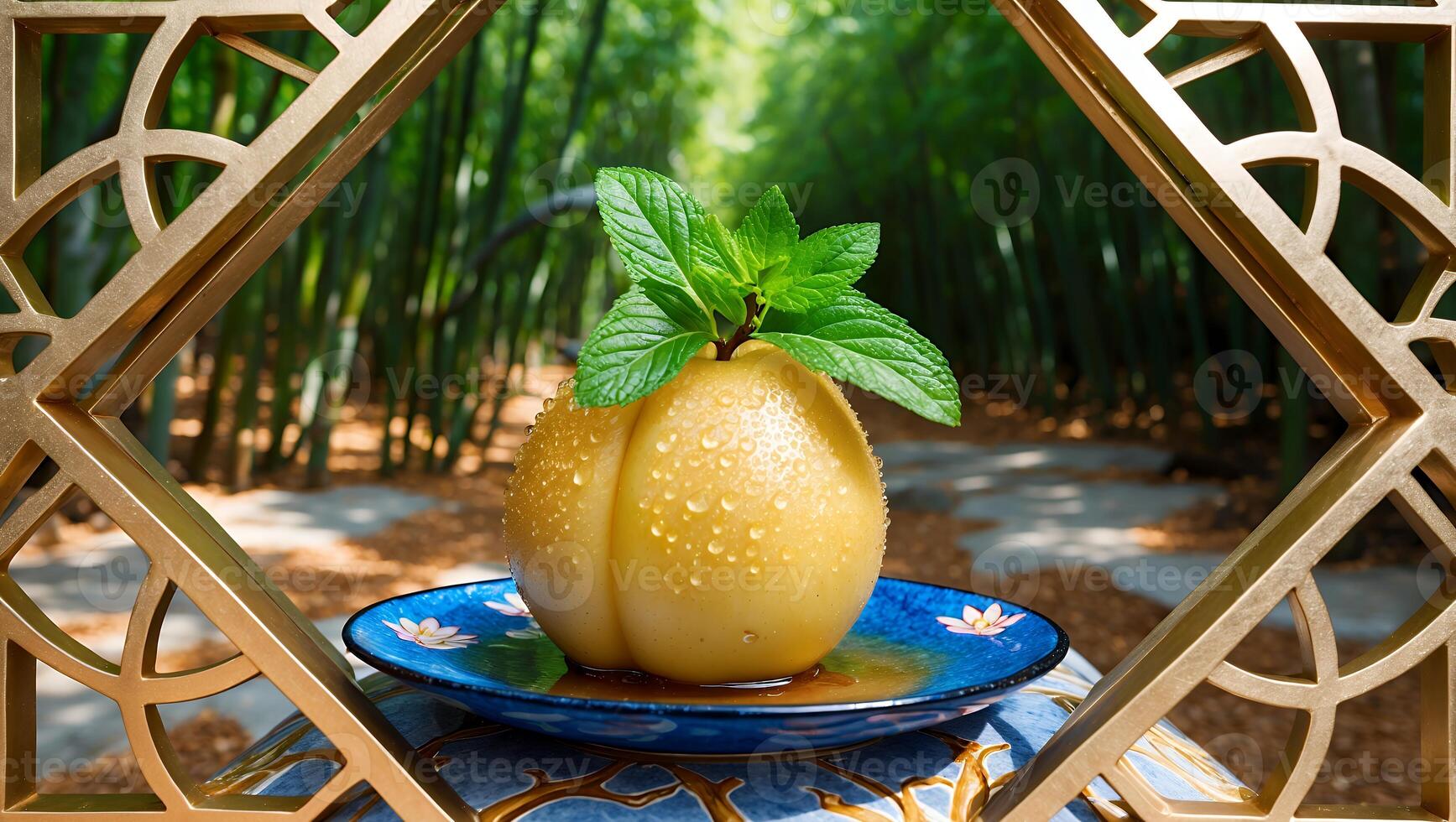 Close Up of Peach Dessert with Mint Leaves in Bamboo Forest photo