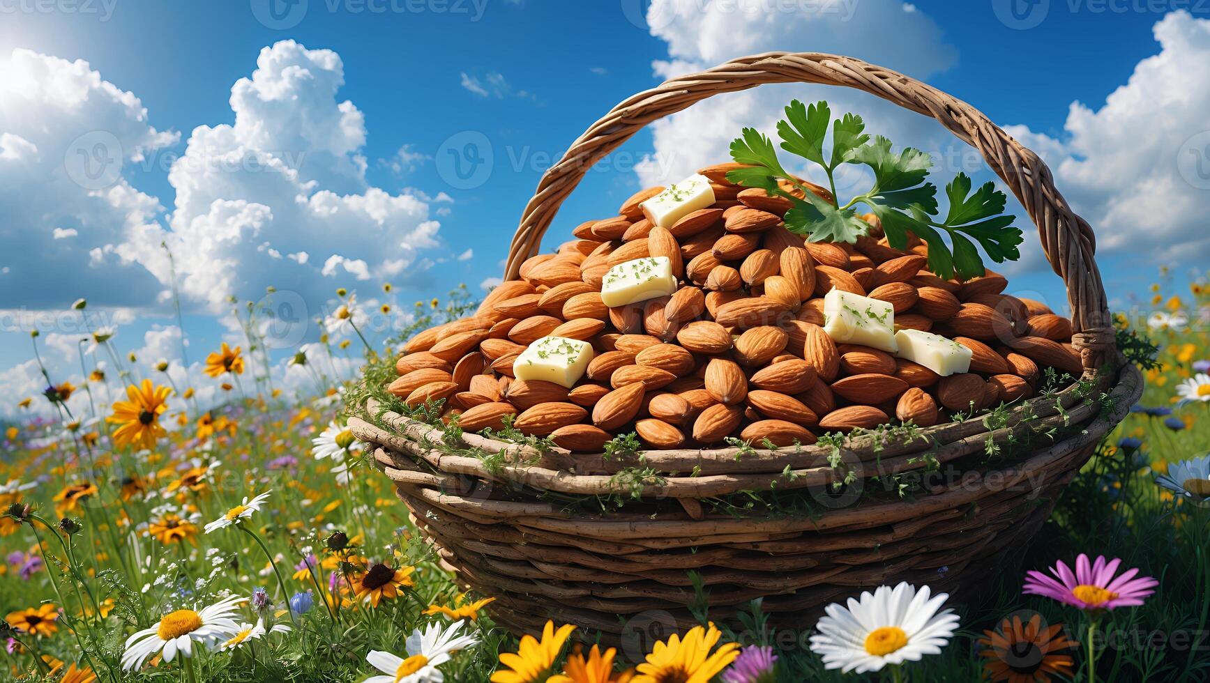 Basket Full of Almonds in a Meadow with Cloudy Blue Sky photo