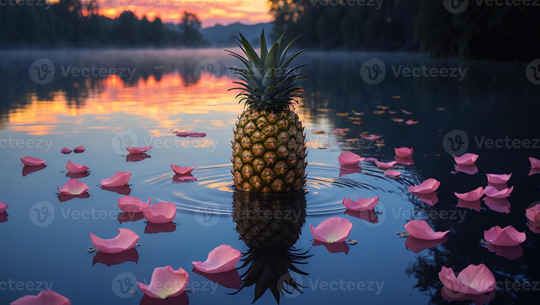 Pineapple Floating on a Calm Lake with Pink Flower Petals photo