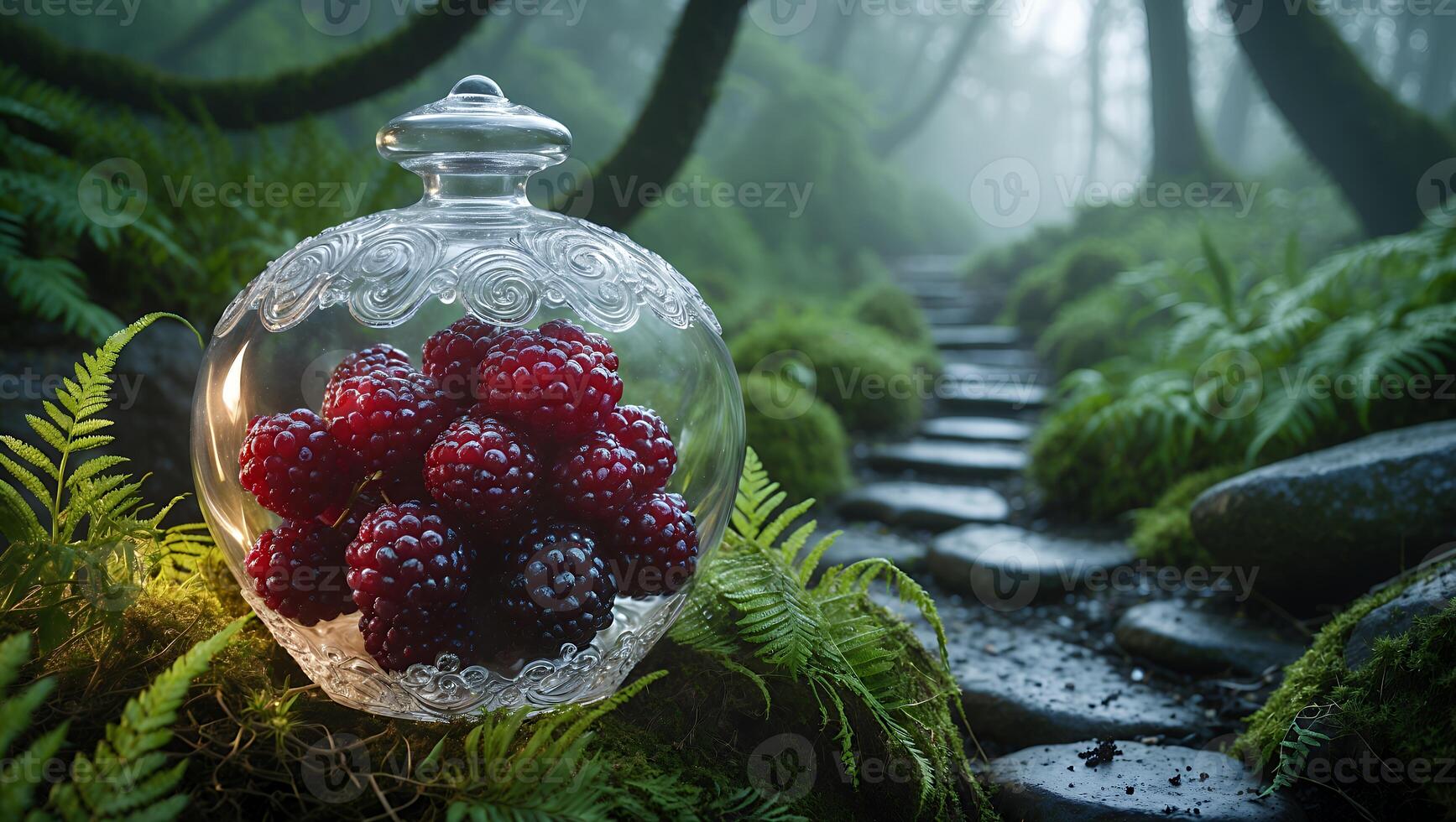 Blackberries in Glass Jar on Mossy Forest Path with Fog photo