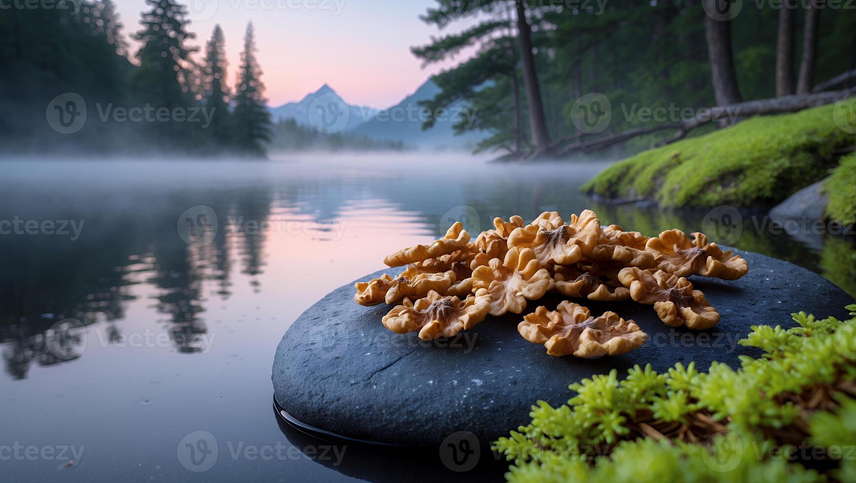 Walnuts on River Stone with Misty Lake and Mountain Backdrop photo