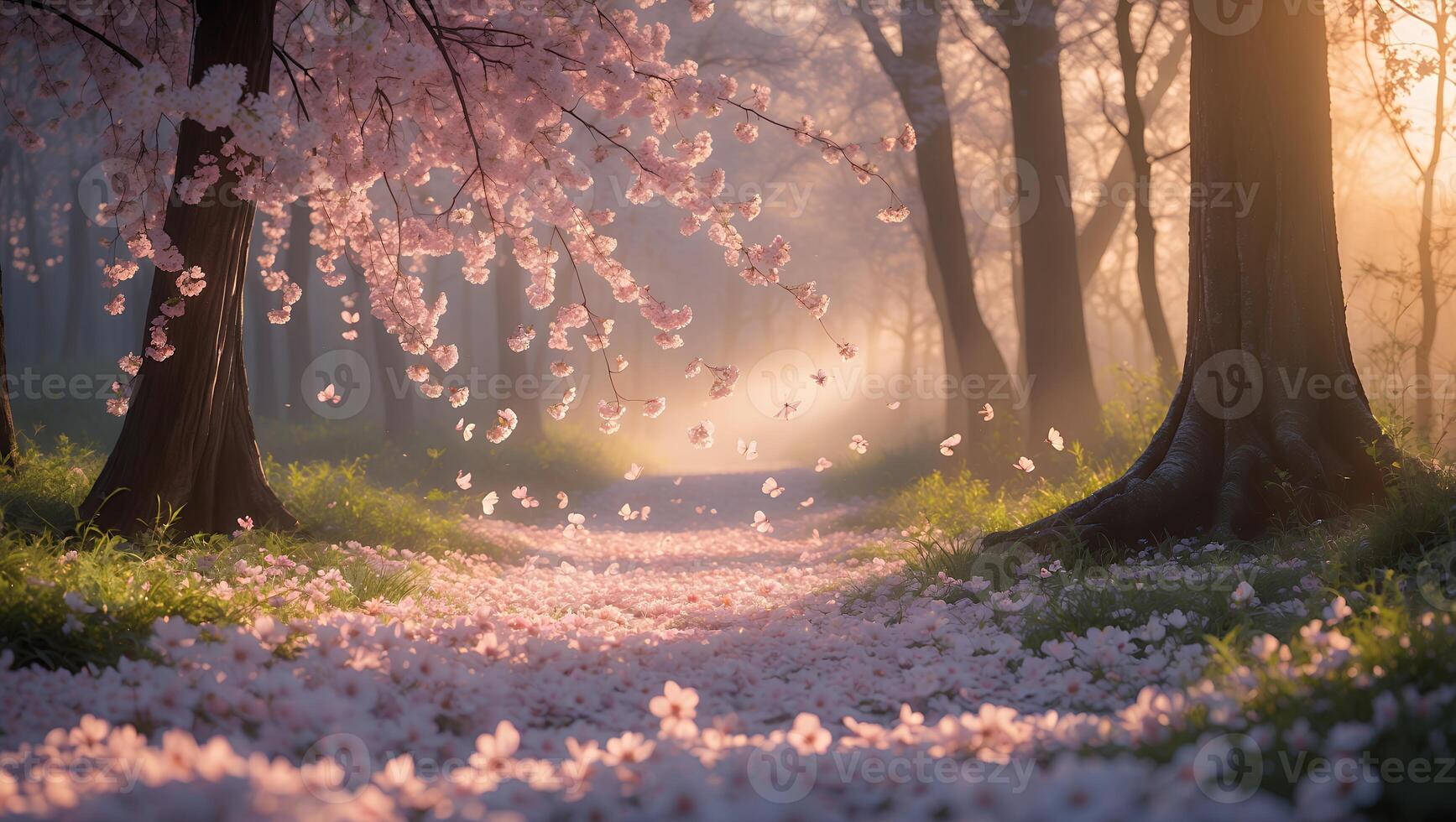 Blossom Path in Spring Forest with Petals and Warm Light photo