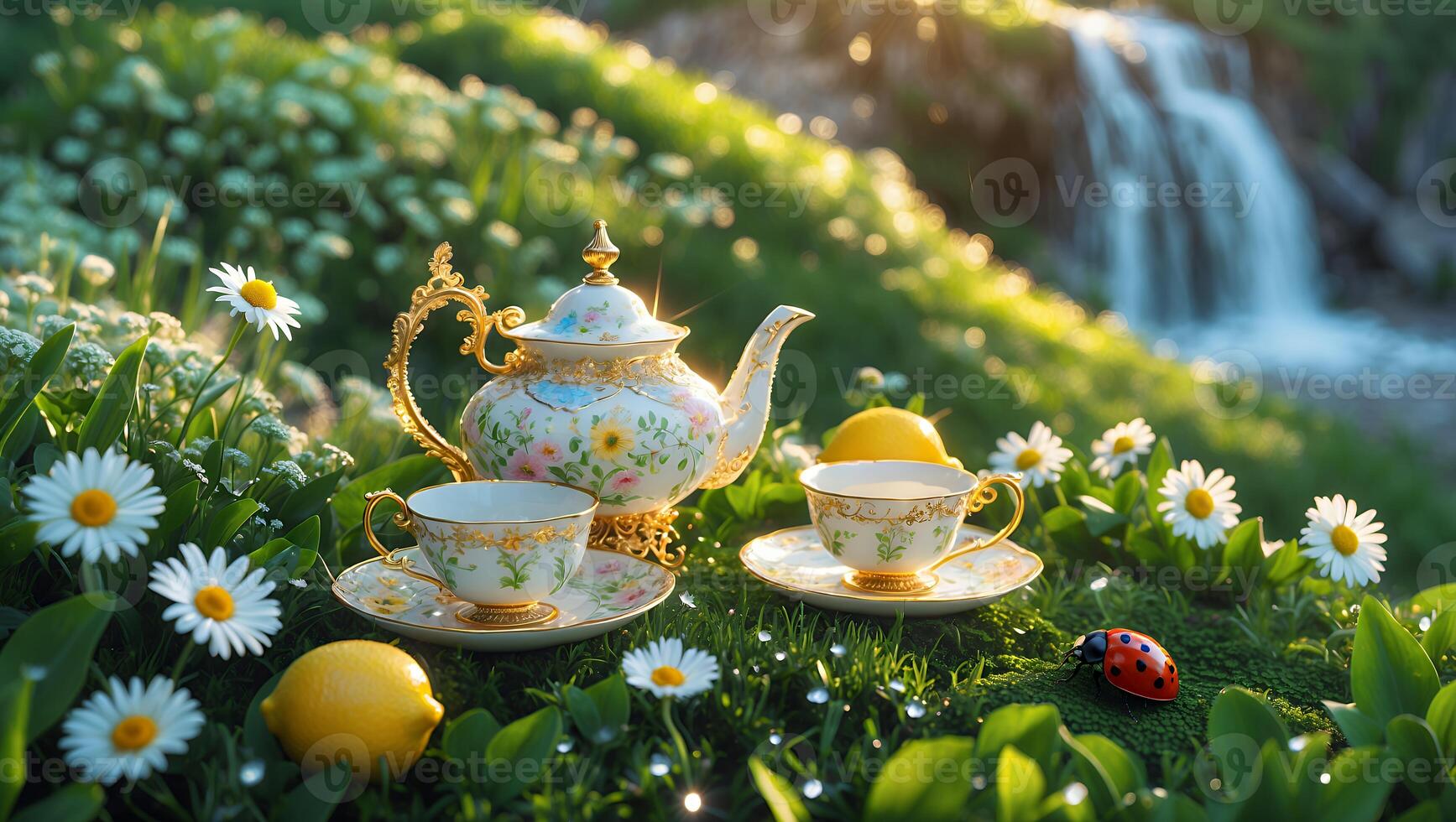 Elegant Tea Set with Lemons and Daisies on Grassy Hillside photo