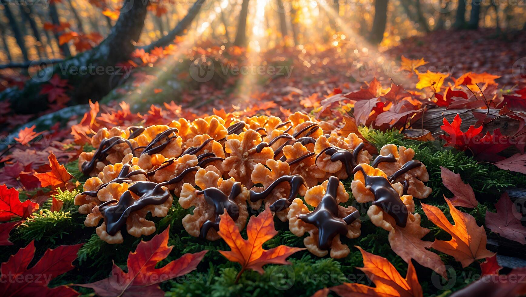 Waffle Cookies with Chocolate in Autumn Forest with Sunlight photo