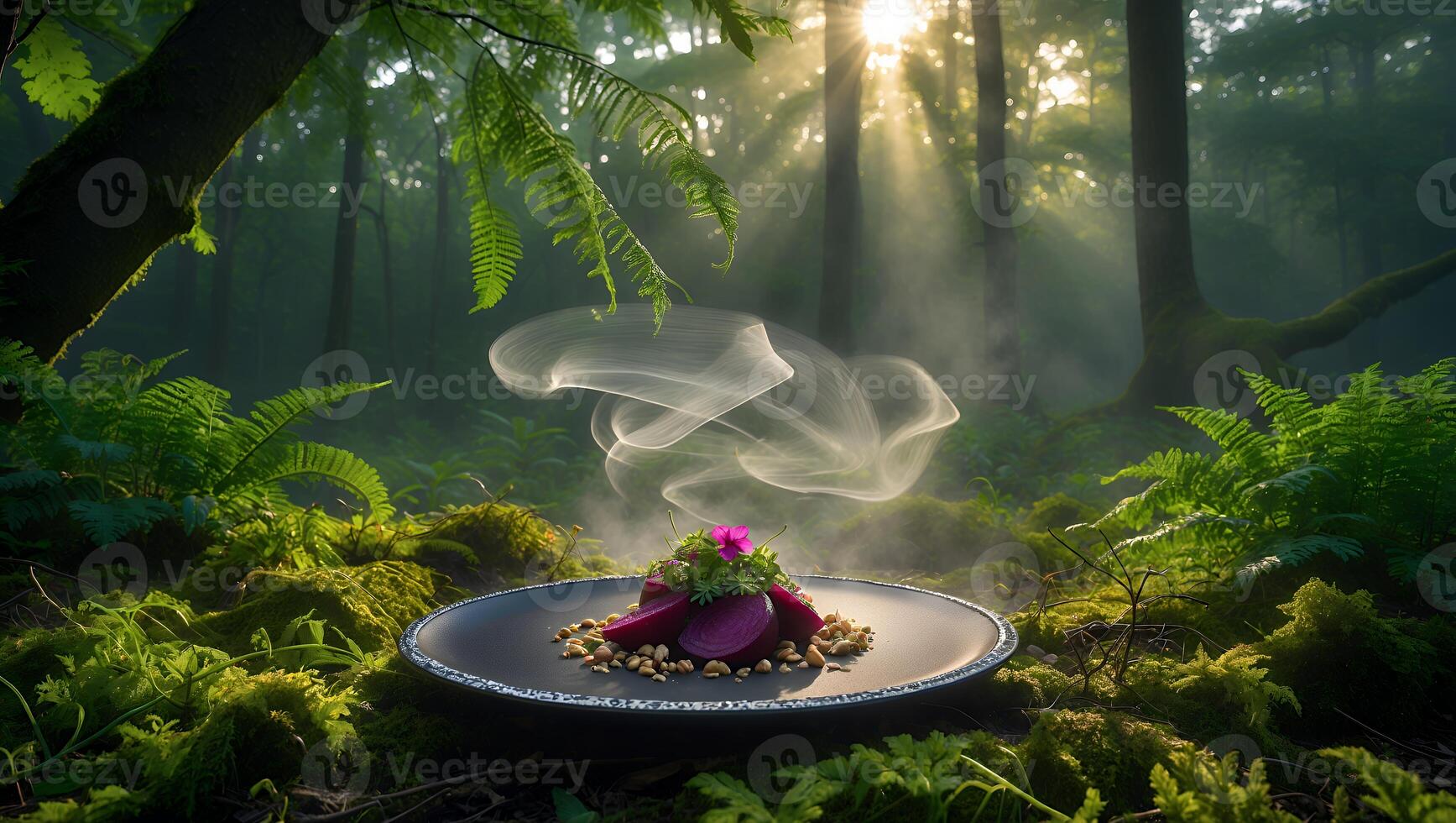 Gourmet Food Dish with Smoke on Plate in Forest Scene photo