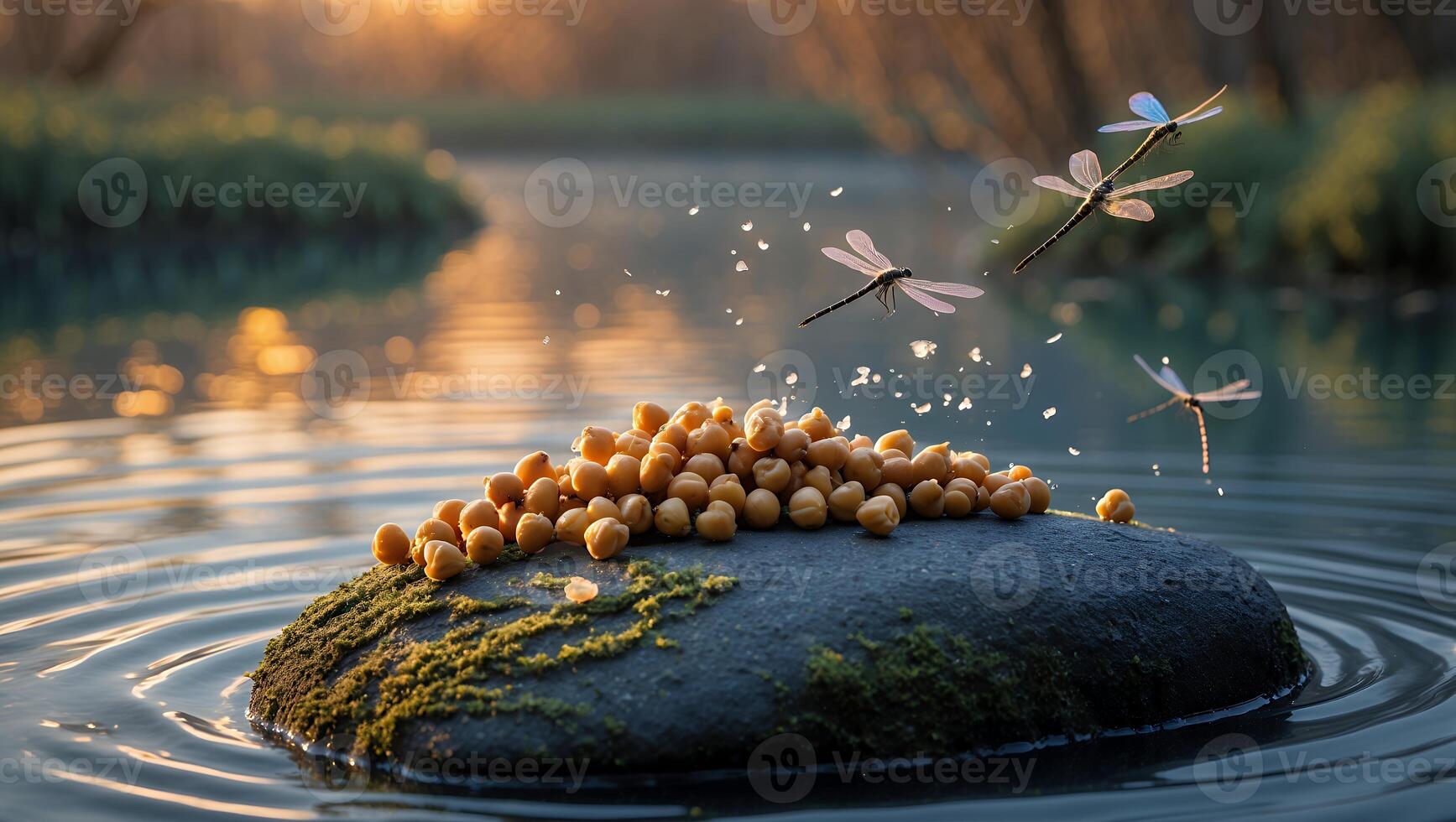 Chickpeas on Rock in Water with Dragonflies at Golden Hour photo