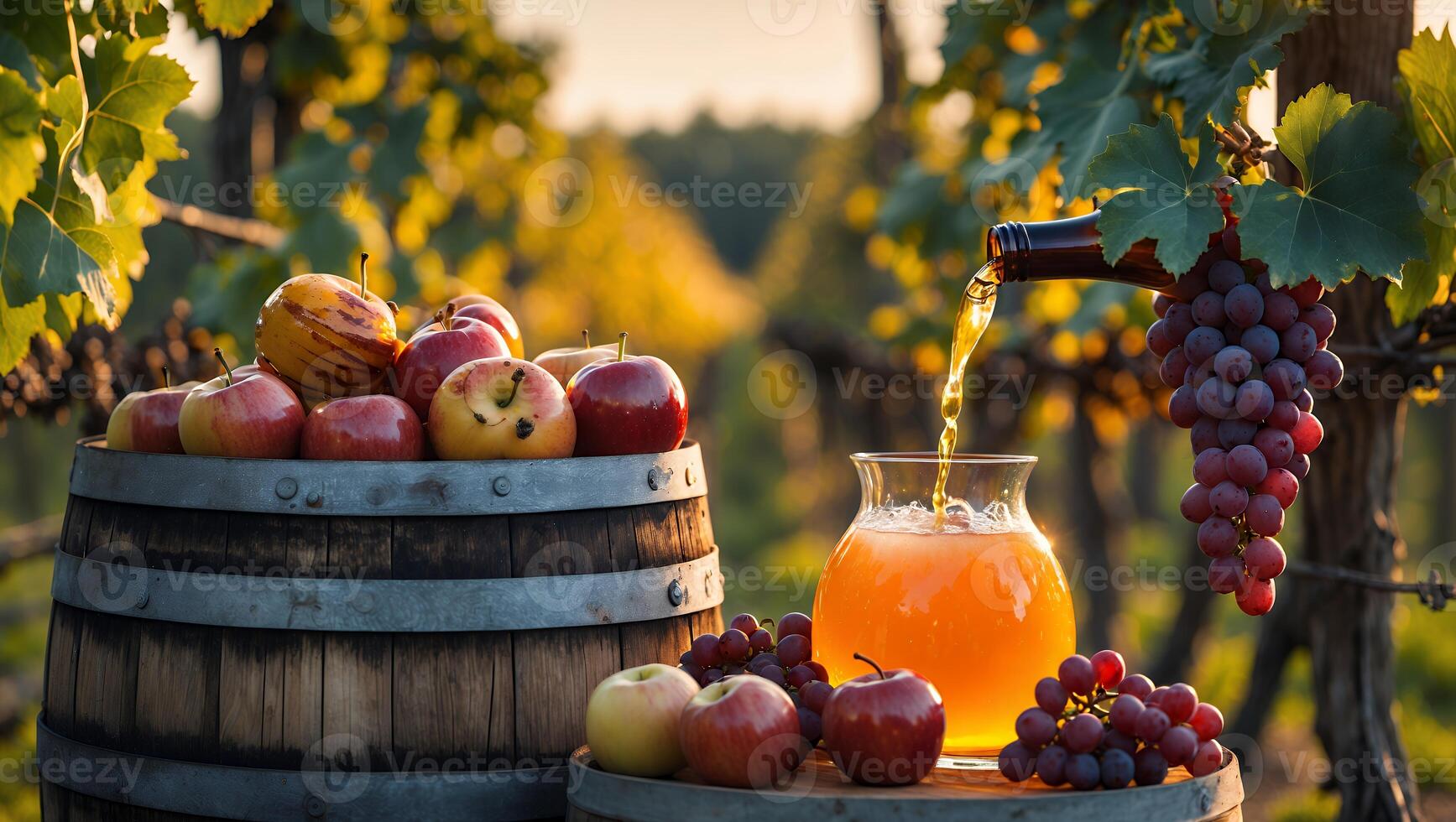 Pouring Fresh Fruit Juice Into Glass Jar Among Vineyard Setting photo