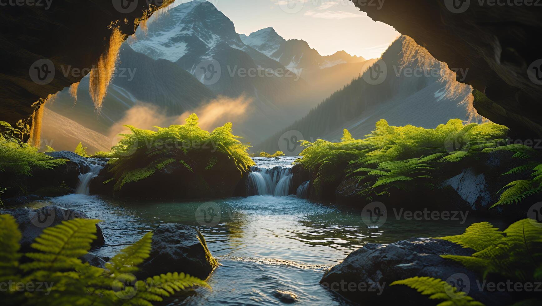 Cascading Waterfall Flowing Through Ferns with Mountains in the Background photo