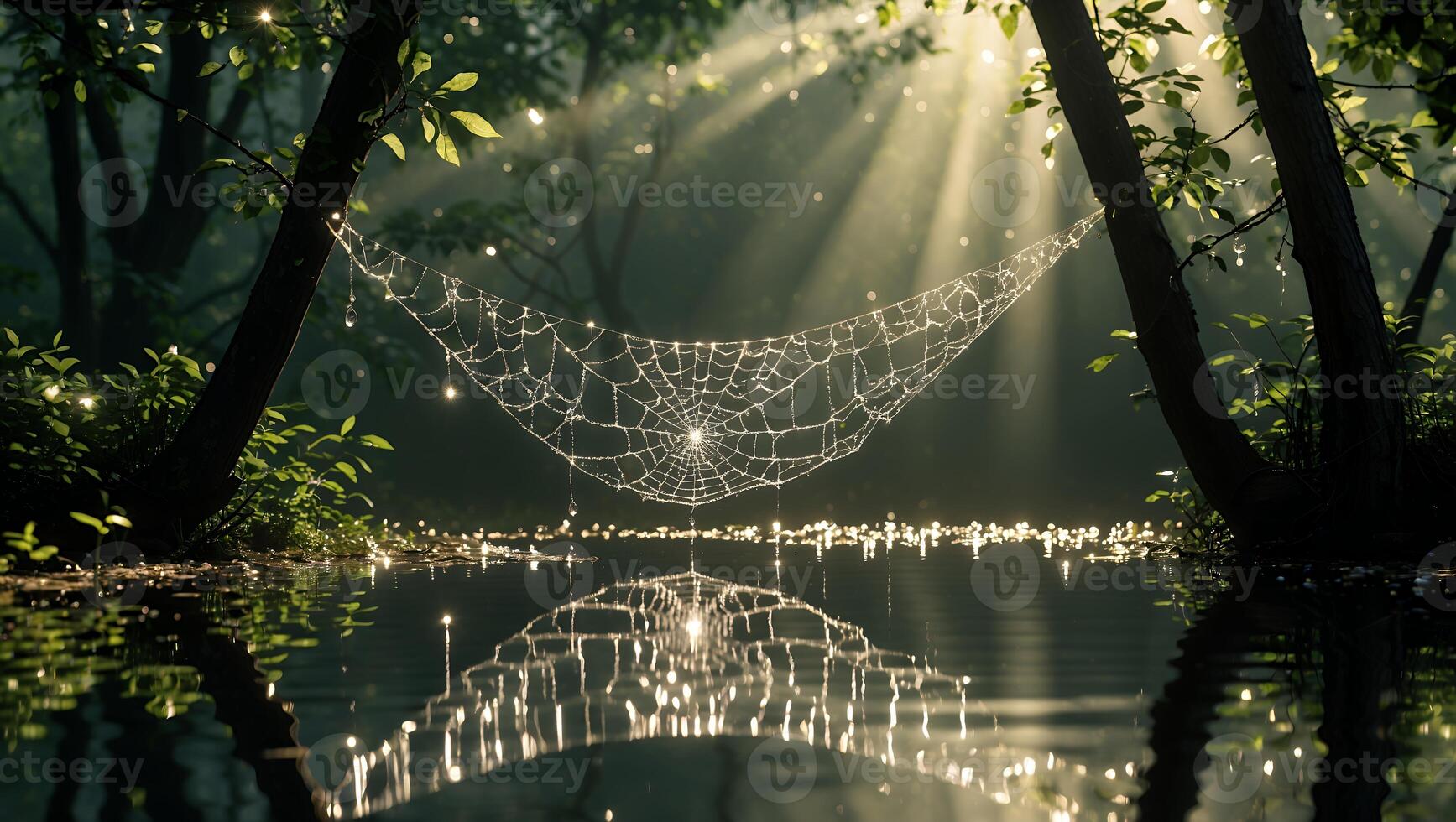 Spiderweb Hammock Strung Between Trees Over Calm Reflective Water photo