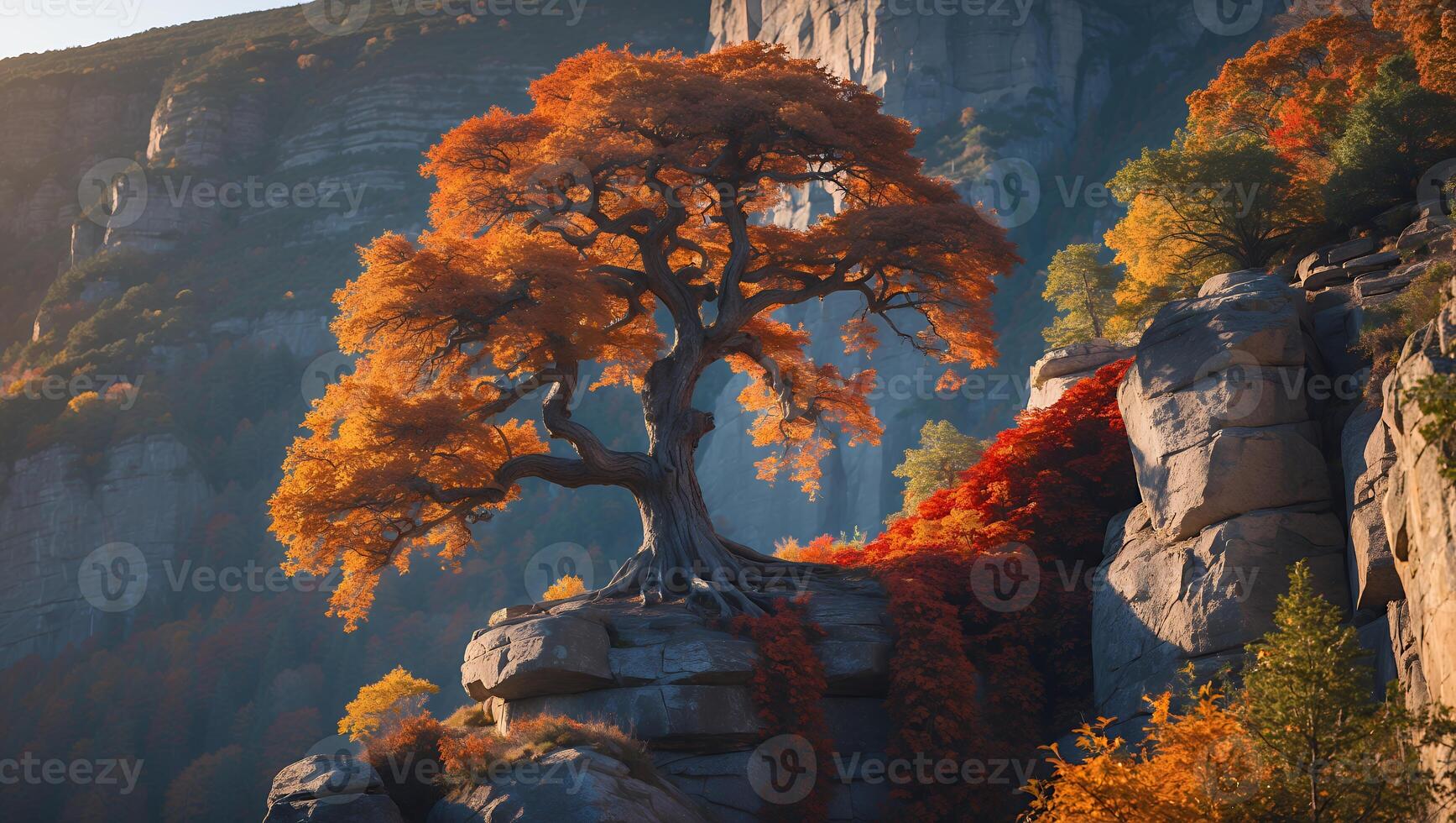 Majestic Tree on Cliffside with Autumn Colors Landscape Scenery photo