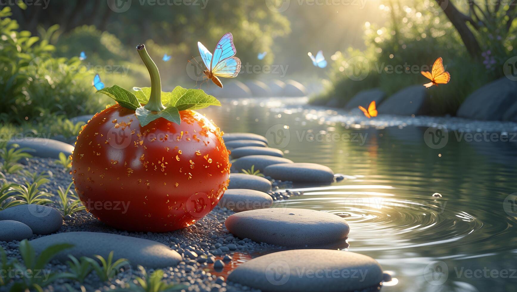Surreal Red Fruit with Butterflies by Stream and Stepping Stones photo