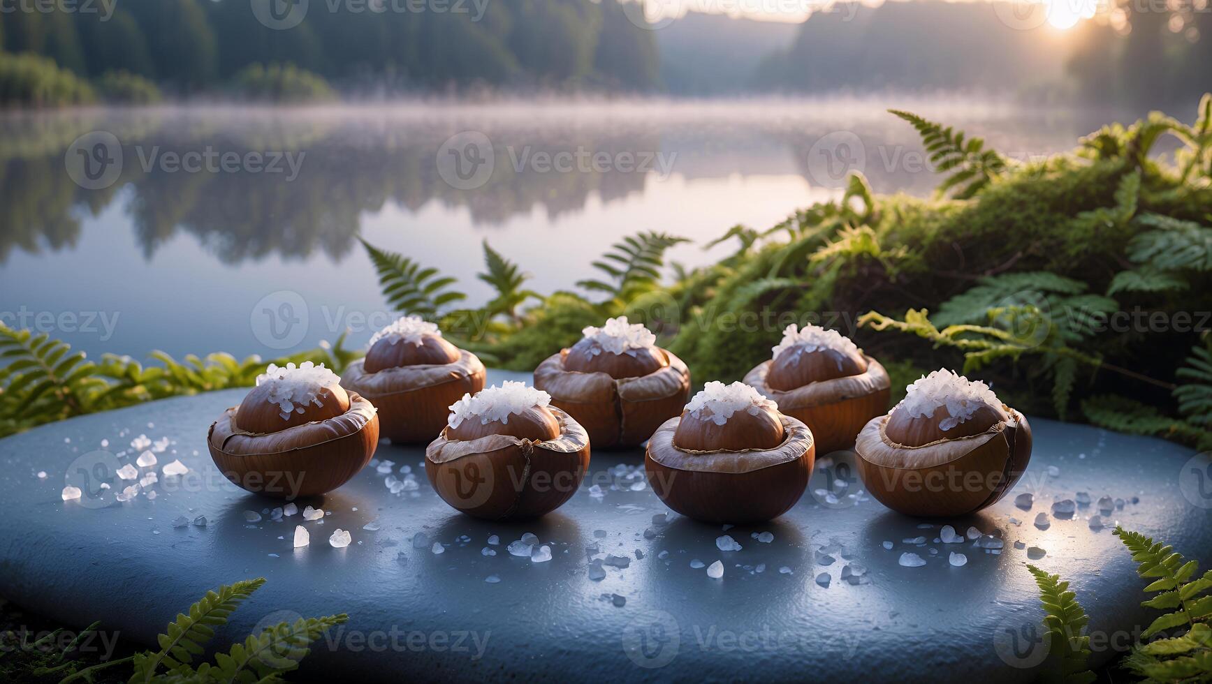 Macadamia Nuts with Salt Near a Lake at Sunrise Serene Mood photo