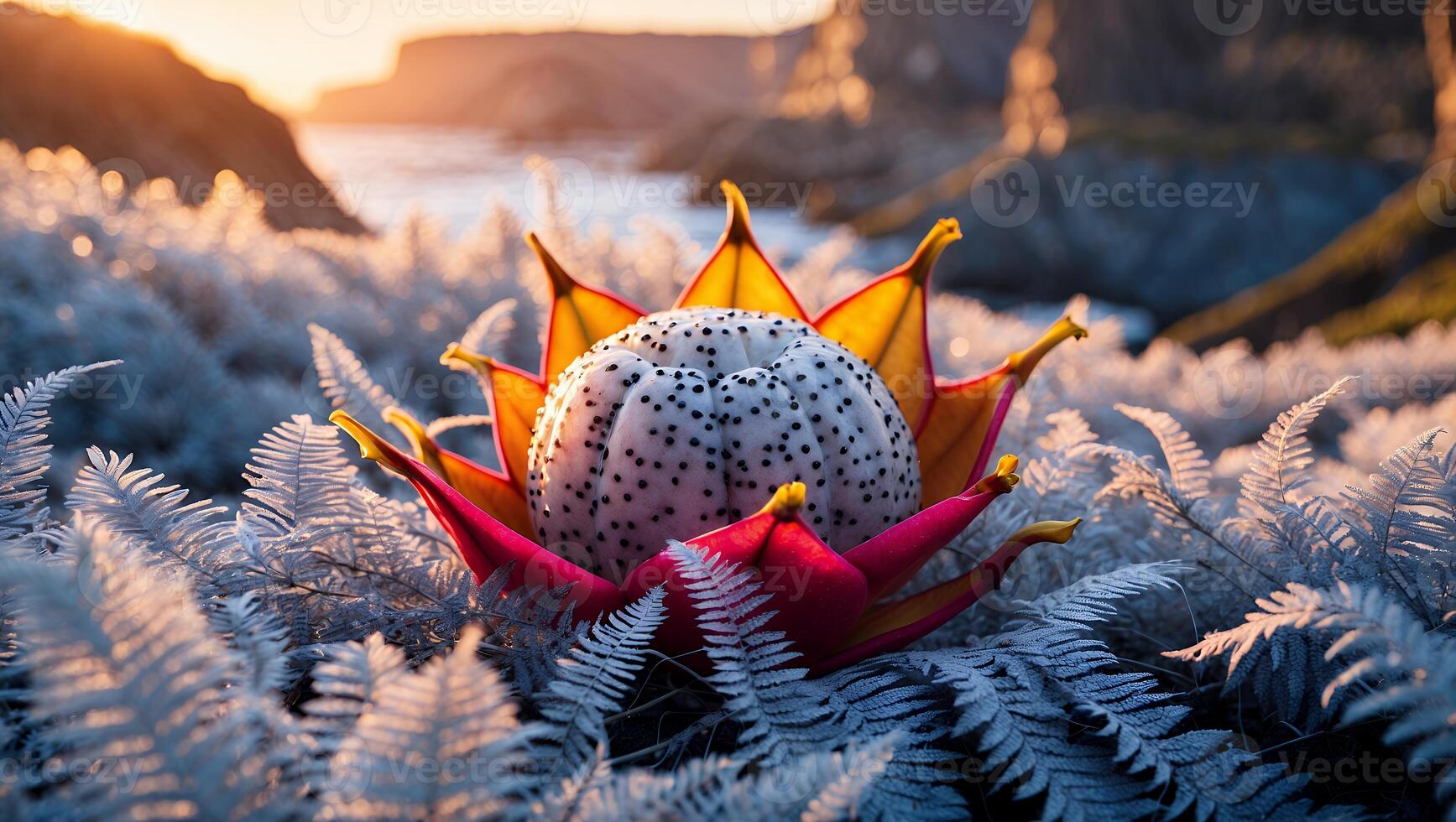 Exotic Fruit Surrounded by Ferns at Sunset Near the Coast photo