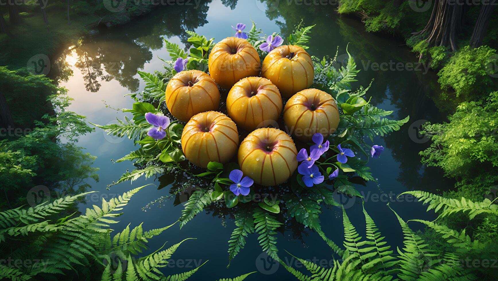 Apples Floating on Water Surrounded by Ferns and Violet Flowers photo