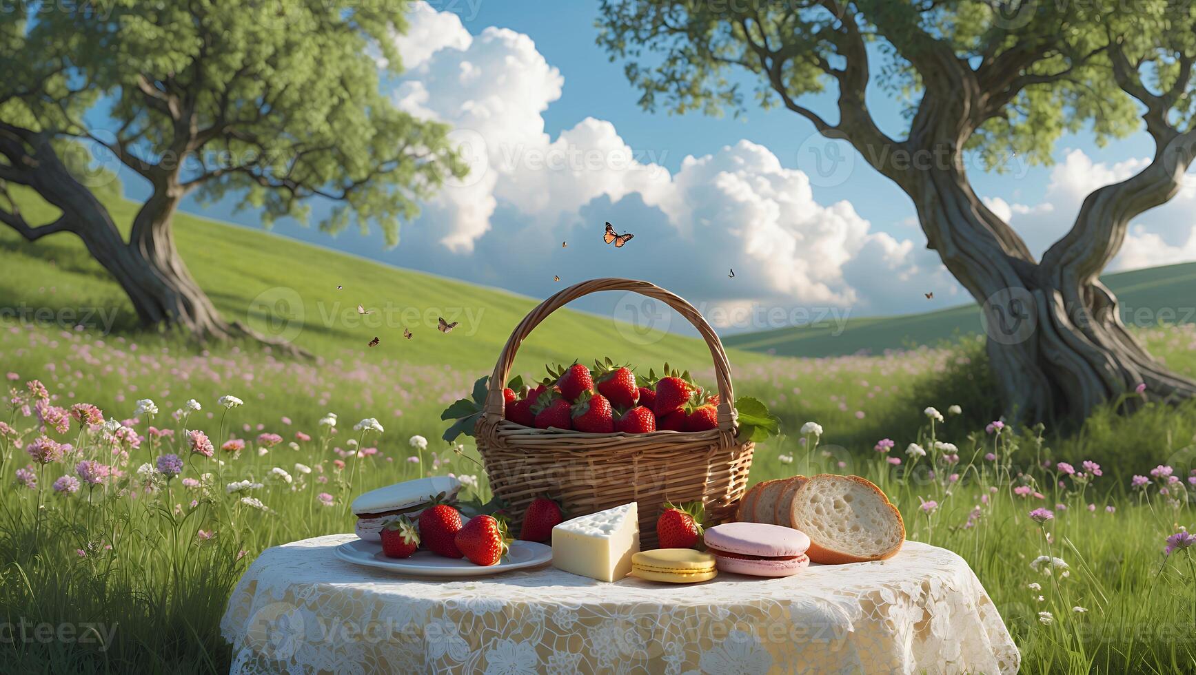Picnic with Strawberries in Meadow Under Sky with Clouds and Trees photo