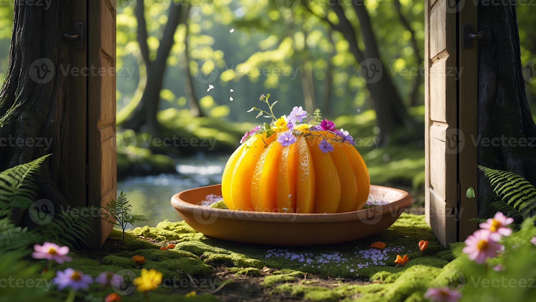Orange Fruit Dessert with Flowers in a Forest Glade Setting photo