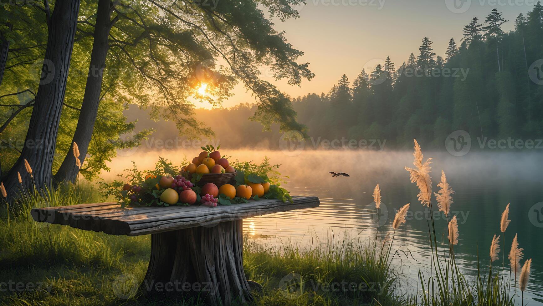 Fruit Basket on Table by Foggy Lake at Sunrise in Nature photo