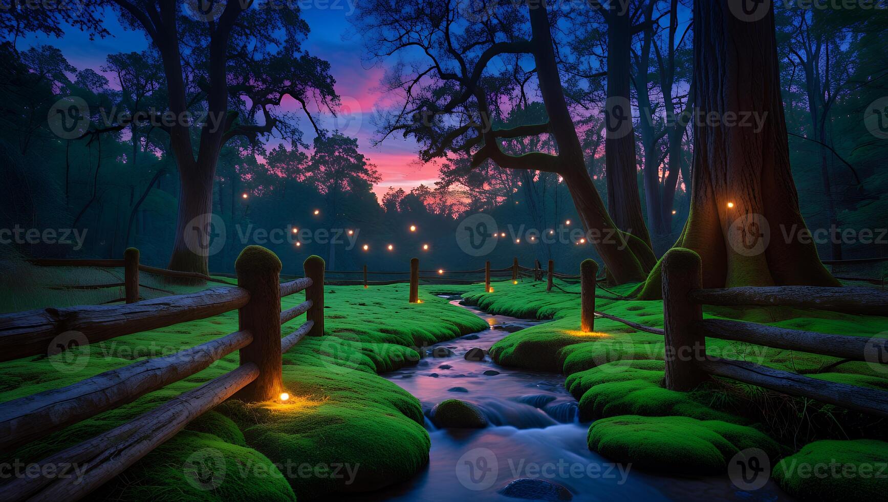 Creek Flowing Through Mossy Forest at Twilight with Lighted Path photo