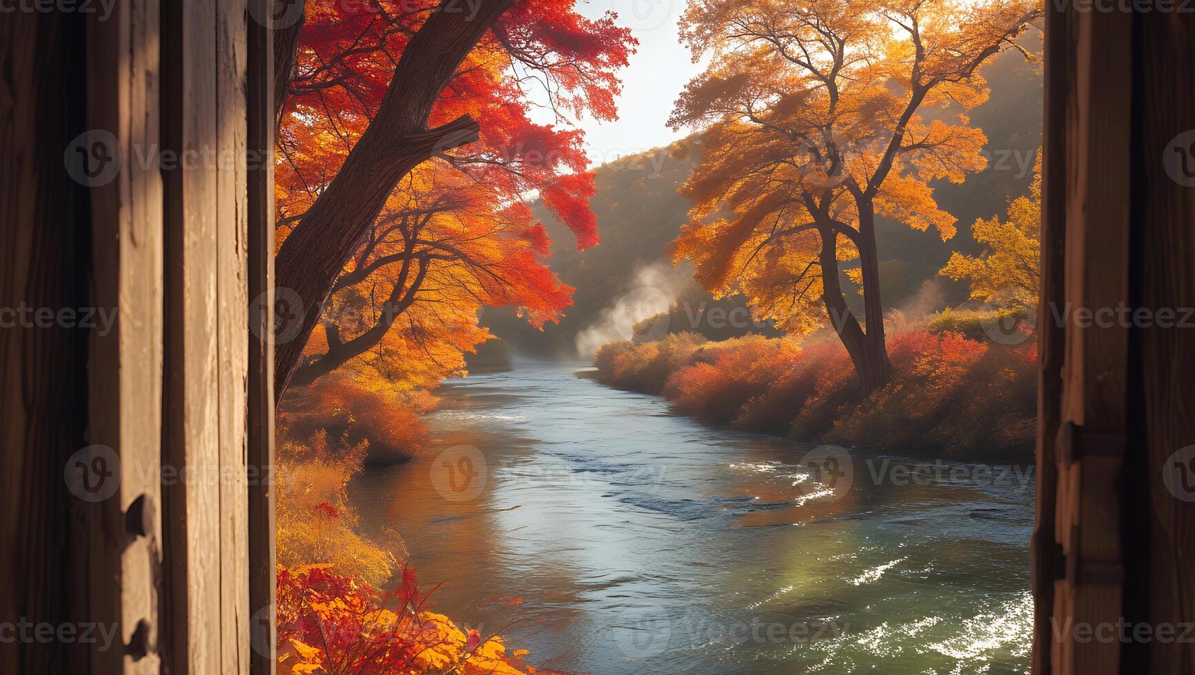 River Flows Through Autumn Landscape Viewed From Rustic Cabin Doorway photo
