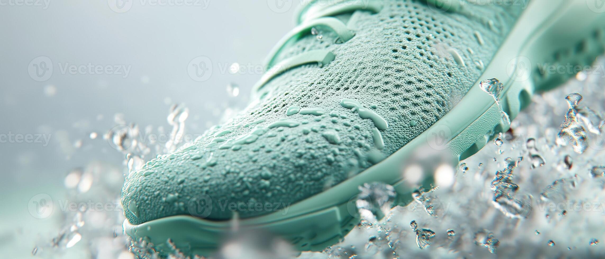 Teal Athletic Shoe Close Up With Water Drops. Knitted Surface and Clean Background. Fashionable Sport Equipment Footwear. Futuristic Clothing Material photo