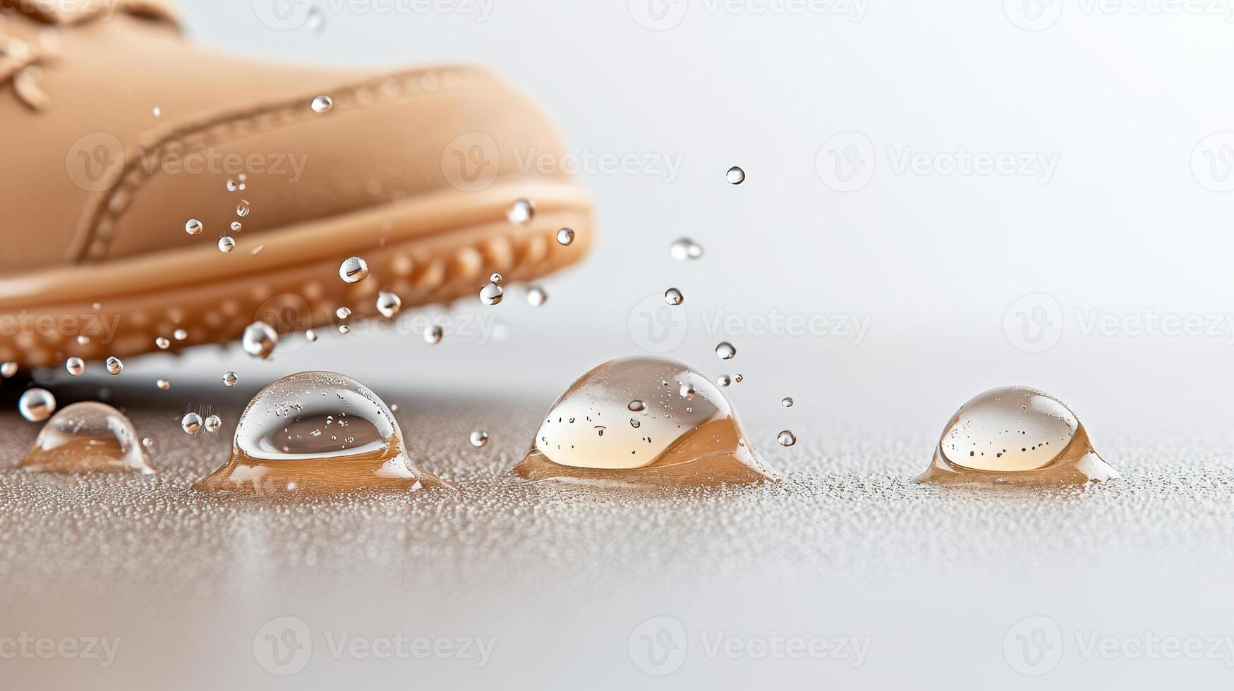 Tan footwear demonstrates liquid repellency forming droplets on surface. Technology advances fashion creating futuristic appearance. Waterproofing ability protects textile footwear. photo
