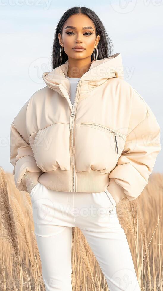 Woman stands wearing futuristic style. Neutral color puffed jacket outfit. Tall grass background, bright style. Outdoor fashion photo